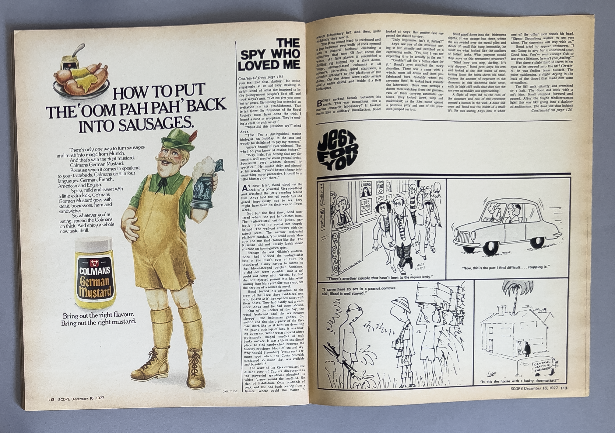 An illustrated advertisement for Colmans German Mustard showing a cheerful man dressed in traditional German attire, holding a large mug of beer with foam overflowing. The ad promotes the mustard with the caption "How to put the 'Oom Pah Pah' back in