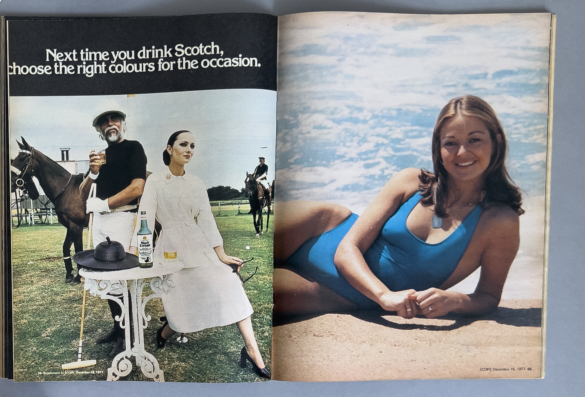 Two-page magazine spread with a left page showing a scene with an older man and woman with a horse and a drink on a table, and a right page with a woman in a blue swimsuit lying on sand near water, smiling at the camera.