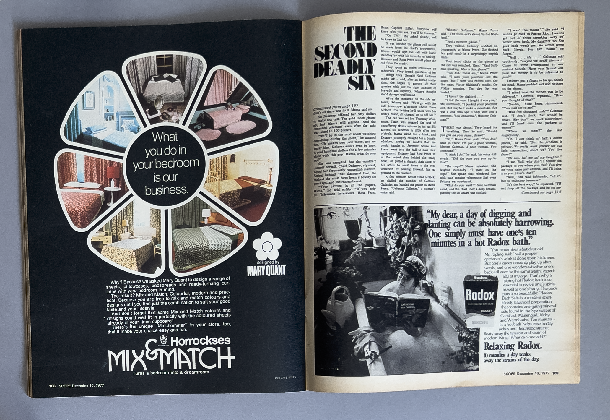 A two-page magazine spread. The left page features a black background with a central circle surrounded by seven bedroom images, with the text 'What you do in your bedroom is our business.' Below, it promotes Horrockses Mix & Match bedding with a logo