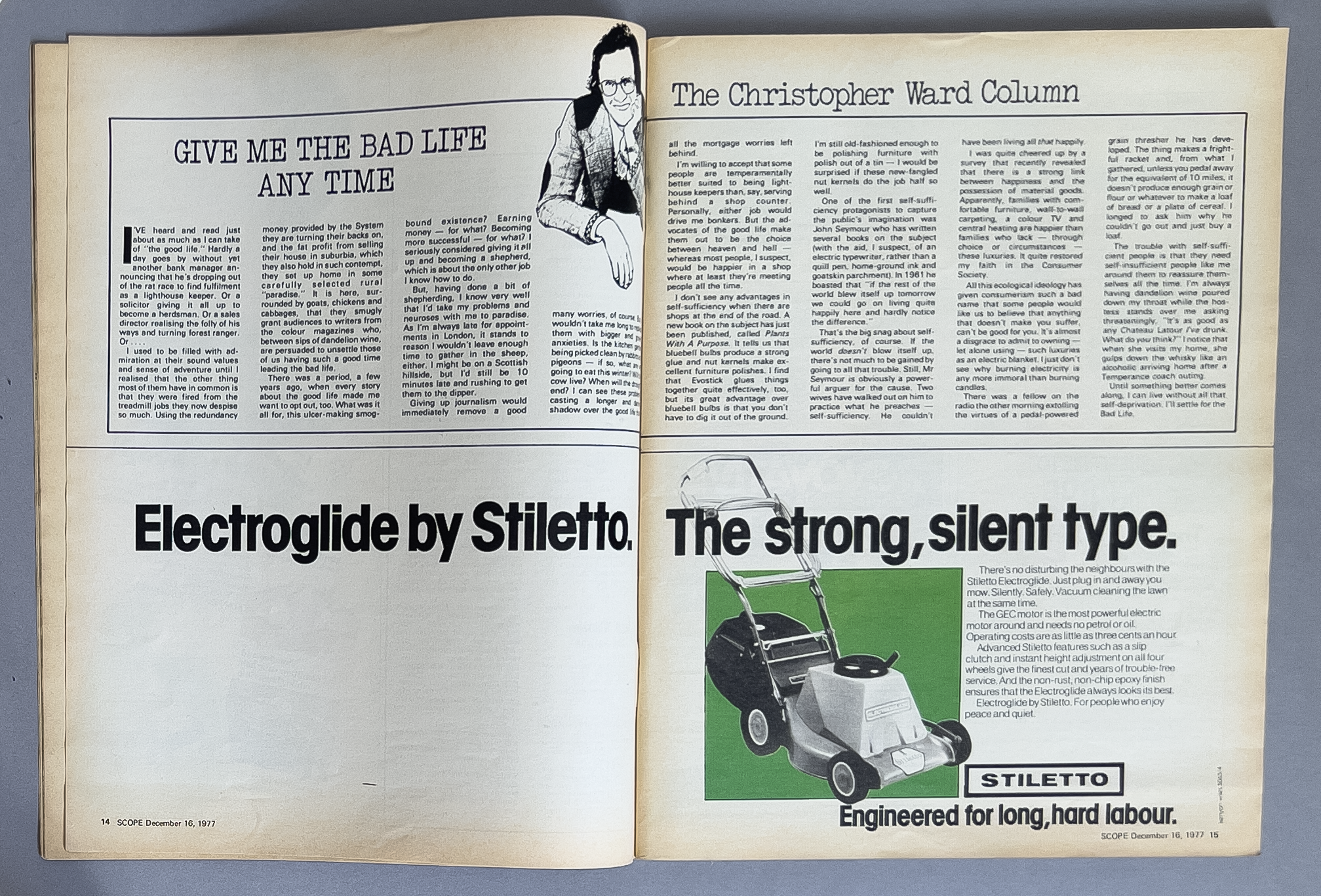 An open vintage magazine article from December 16, 1977, featuring a black and white illustration of a person with glasses and a blazer on the top left, and ads for Stiletto electric lawnmowers on the bottom right, with bold headlines reading "Electr