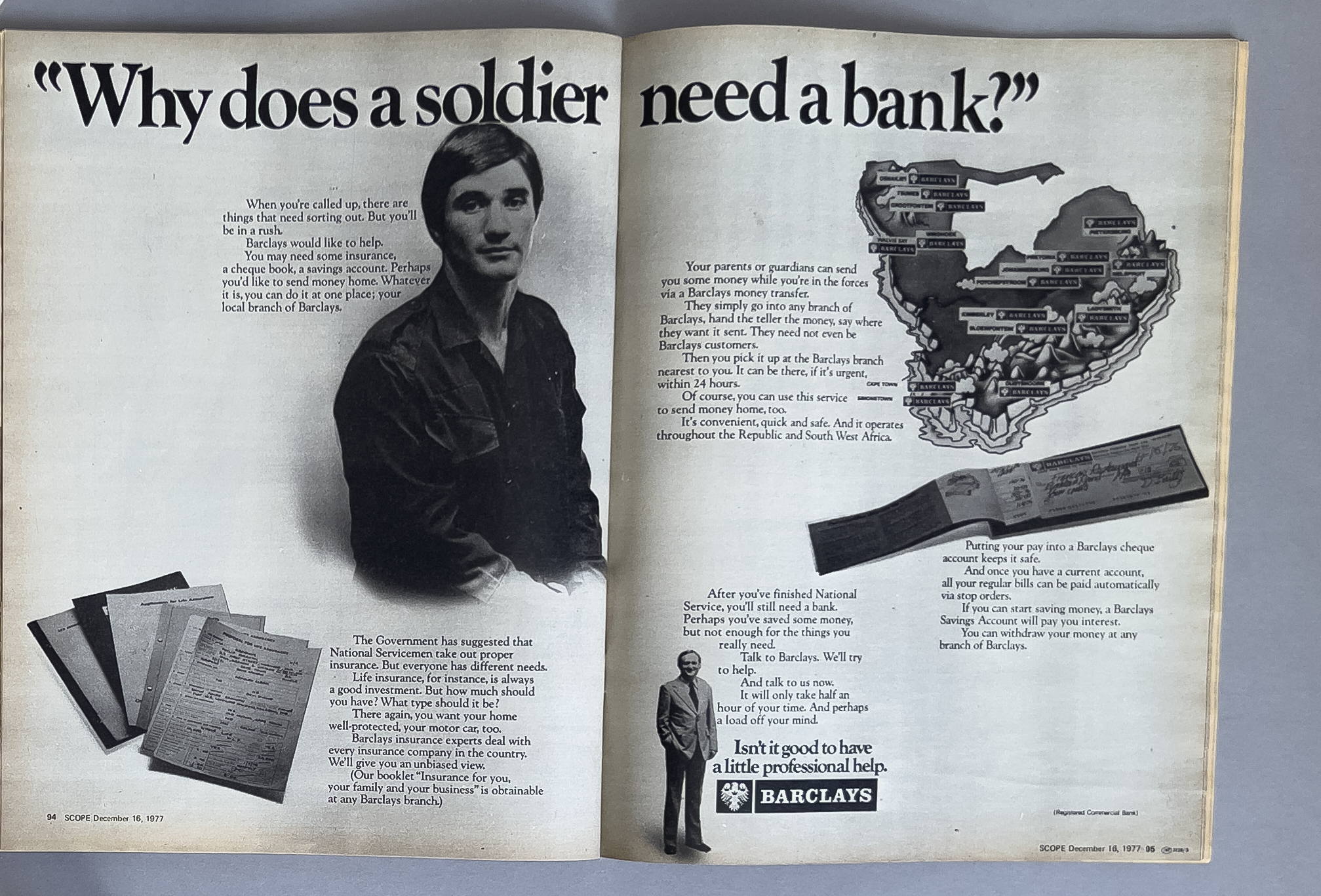 A vintage Barclays bank advertisement with a black-and-white photo of a woman on the left page and a map of Africa on the right, explaining how to send money through Barclays.