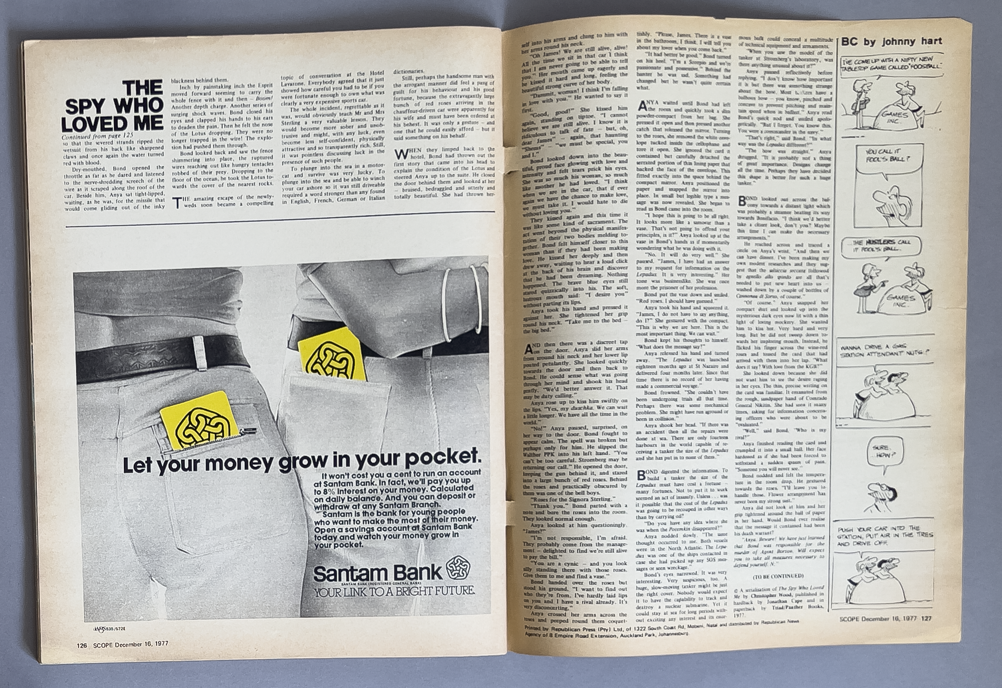 Advertisement for Santam Bank with a black and white photo of two people wearing pants and a pocket with a yellow and black logo. The ad promotes savings accounts to help money grow in your pocket.