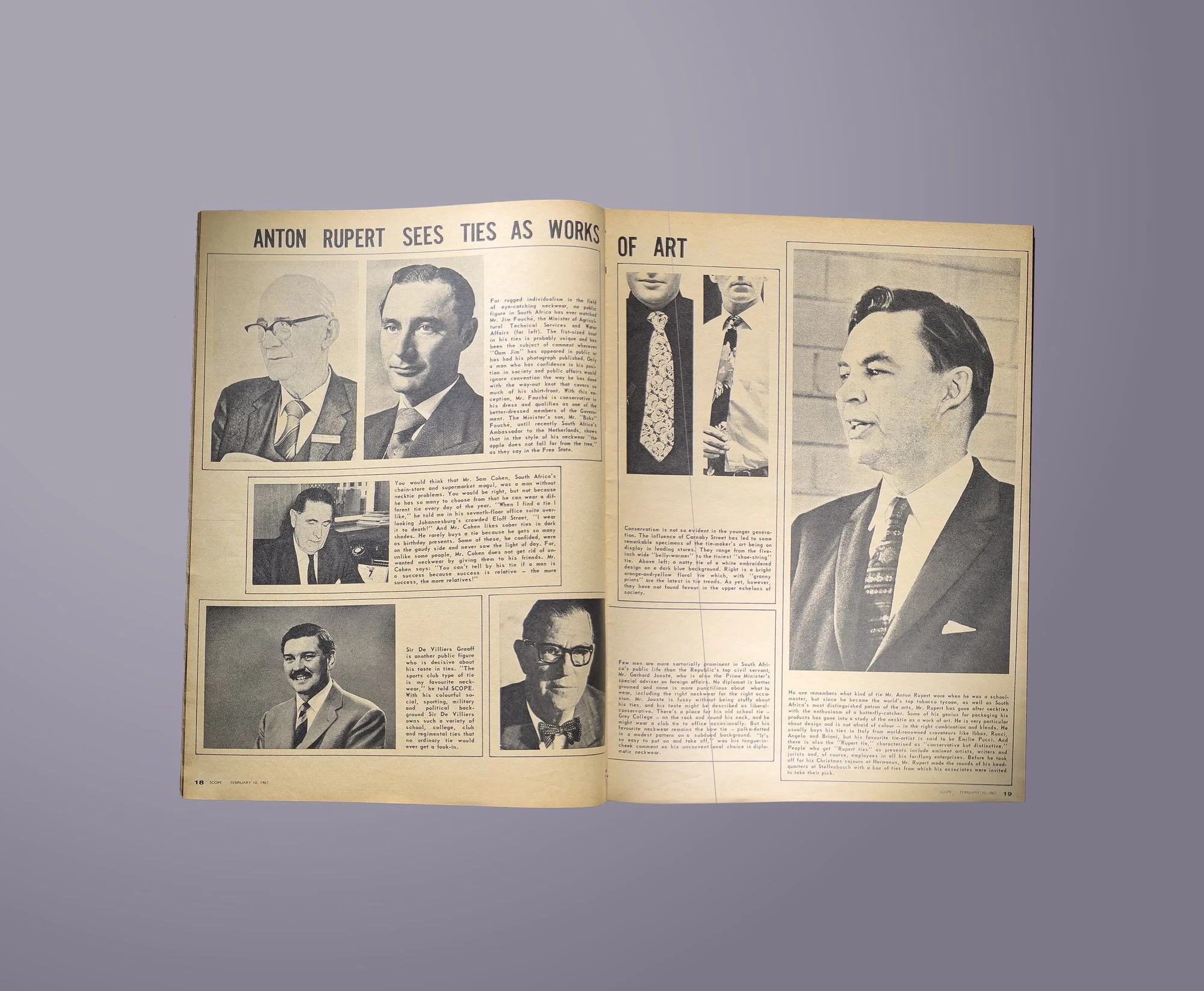 A vintage newspaper or magazine spread with photos and articles about Anton Rupert, harry aoppenheim and South African political figures, featuring black-and-white images of men in suits and a larger photo of Anton Rupert