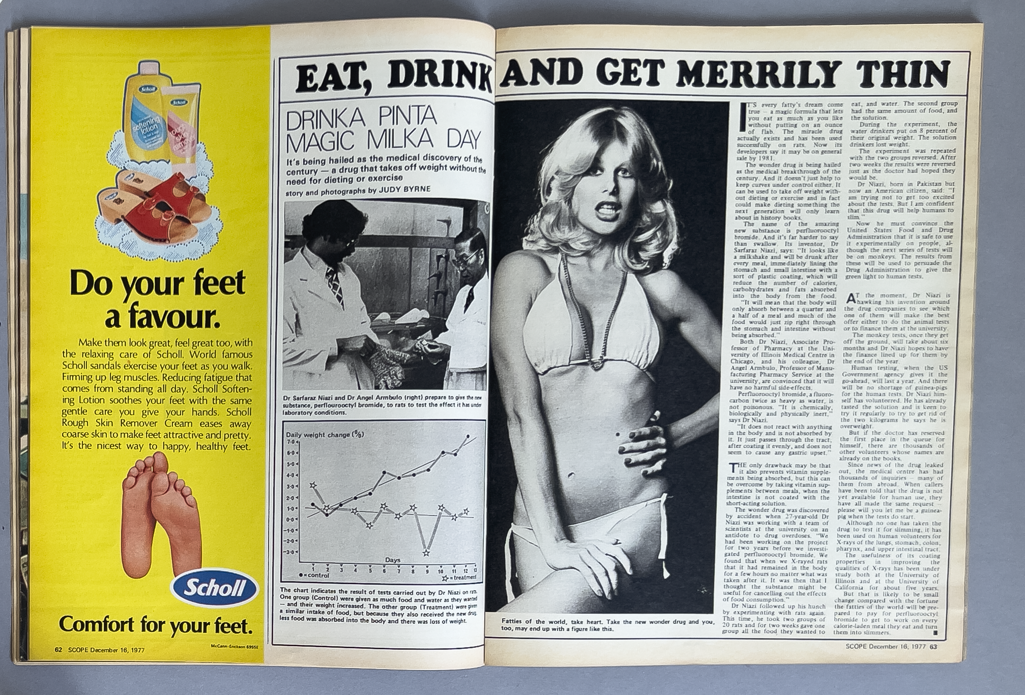 Magazine spread with an advertisement on the left page promoting Scholl foot care products, featuring images of foot impressions and foot care items, and an article on the right page with a large black-and-white photo of a woman in a bikini top, with