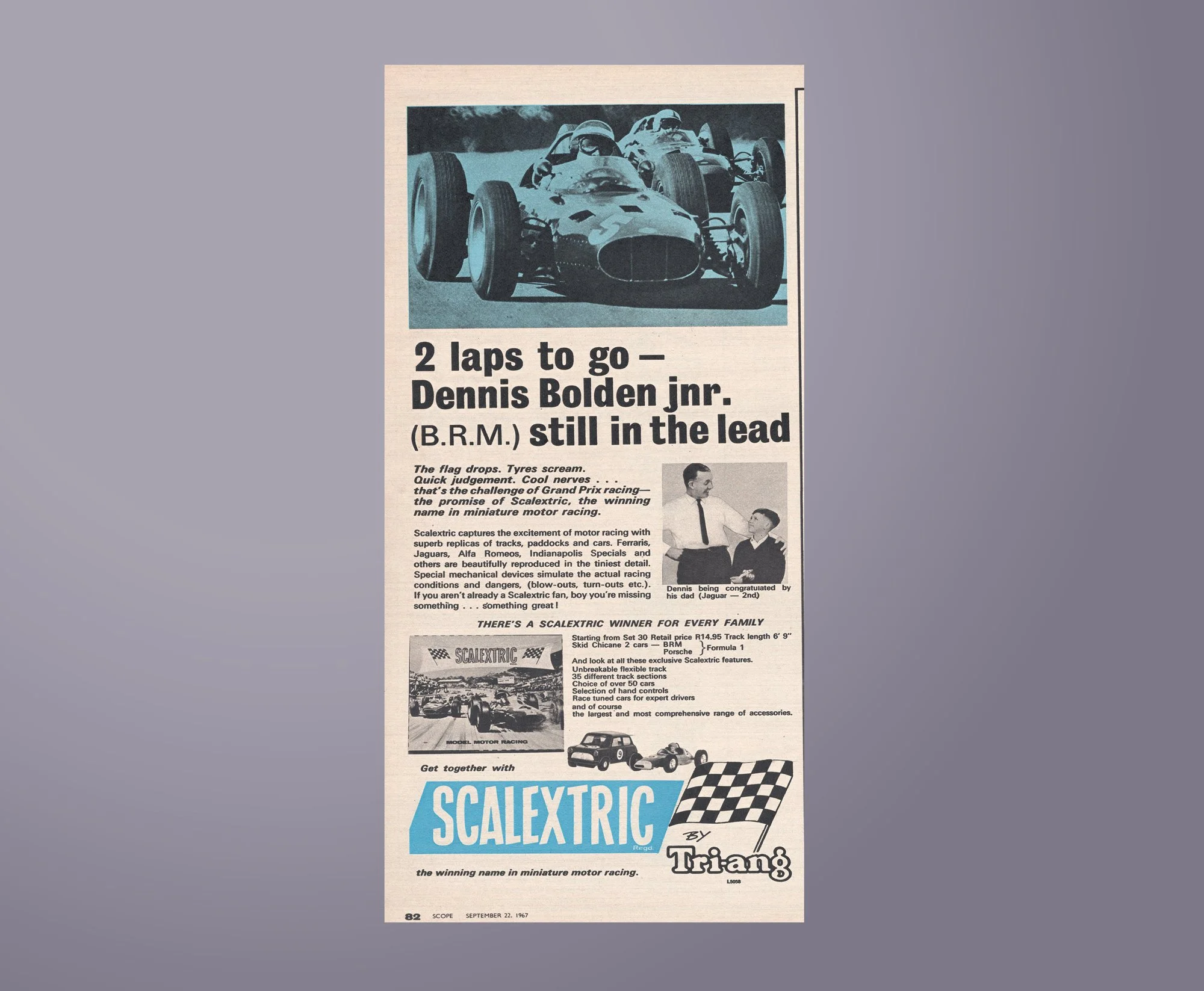 A vintage newspaper advertisement for Scalextric slot car racing sets, including text and images of race cars and a man congratulating a boy.