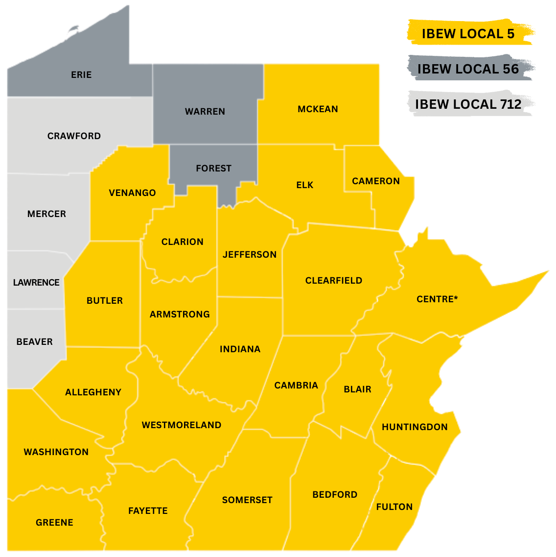 Western Pennsylvania electrical jurisdiction map showing IBEW Locals 5, 56, and 712 service areas