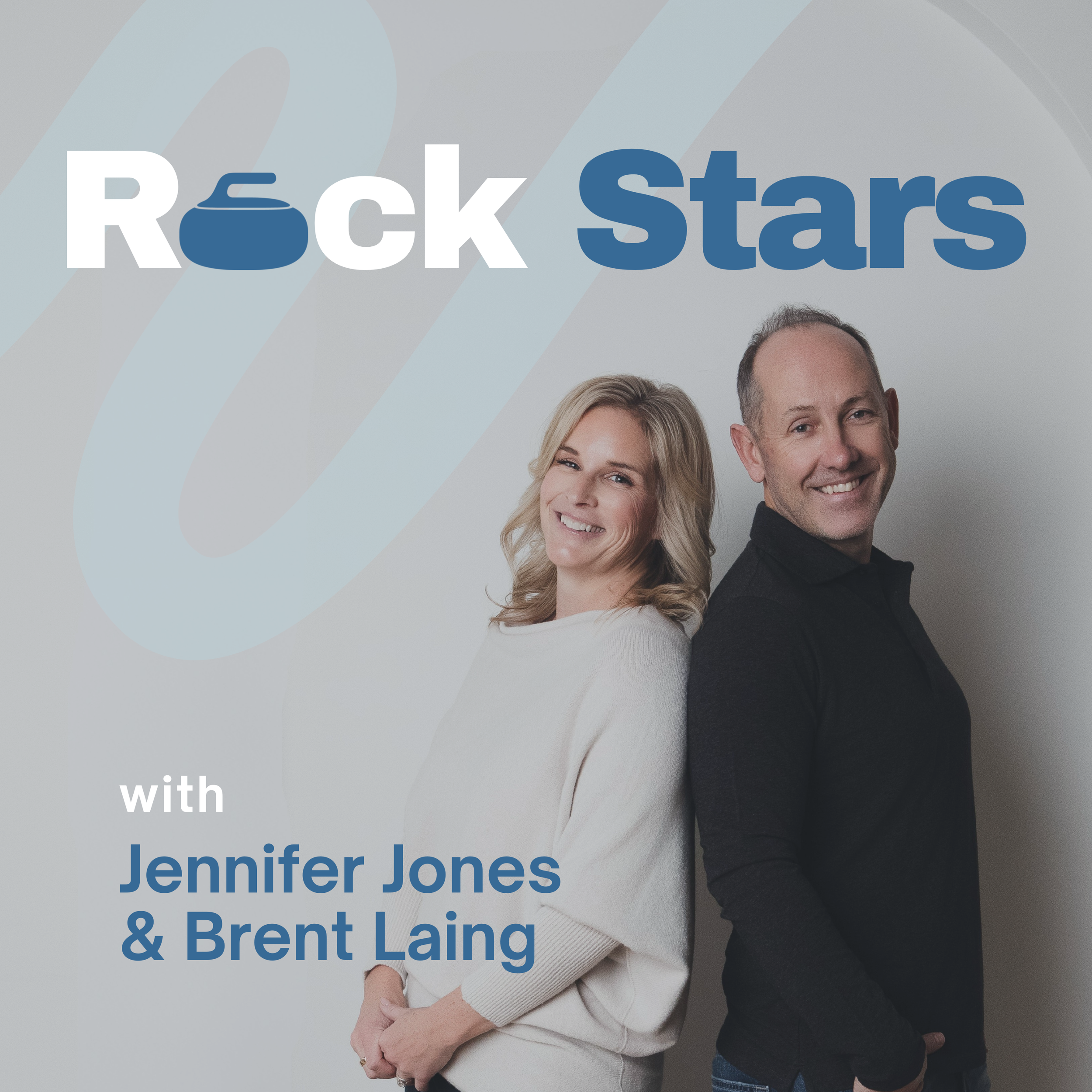 Cover of the podcast 'Rock Stars' with hosts Jennifer Jones and Brent Laing, both smiling and standing back-to-back, against a light gray background with the podcast title in large letters.