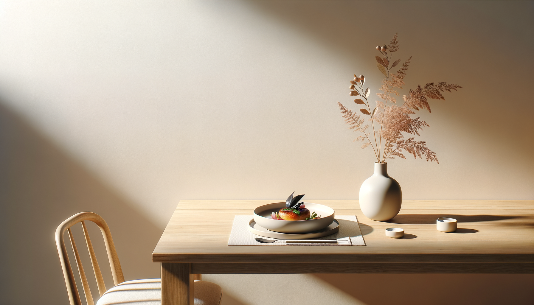 Mesa de madera con un plato de postre, una flor en un jarrón y pequeños recipientes decorativos, en un espacio con luz natural y sombra suave.