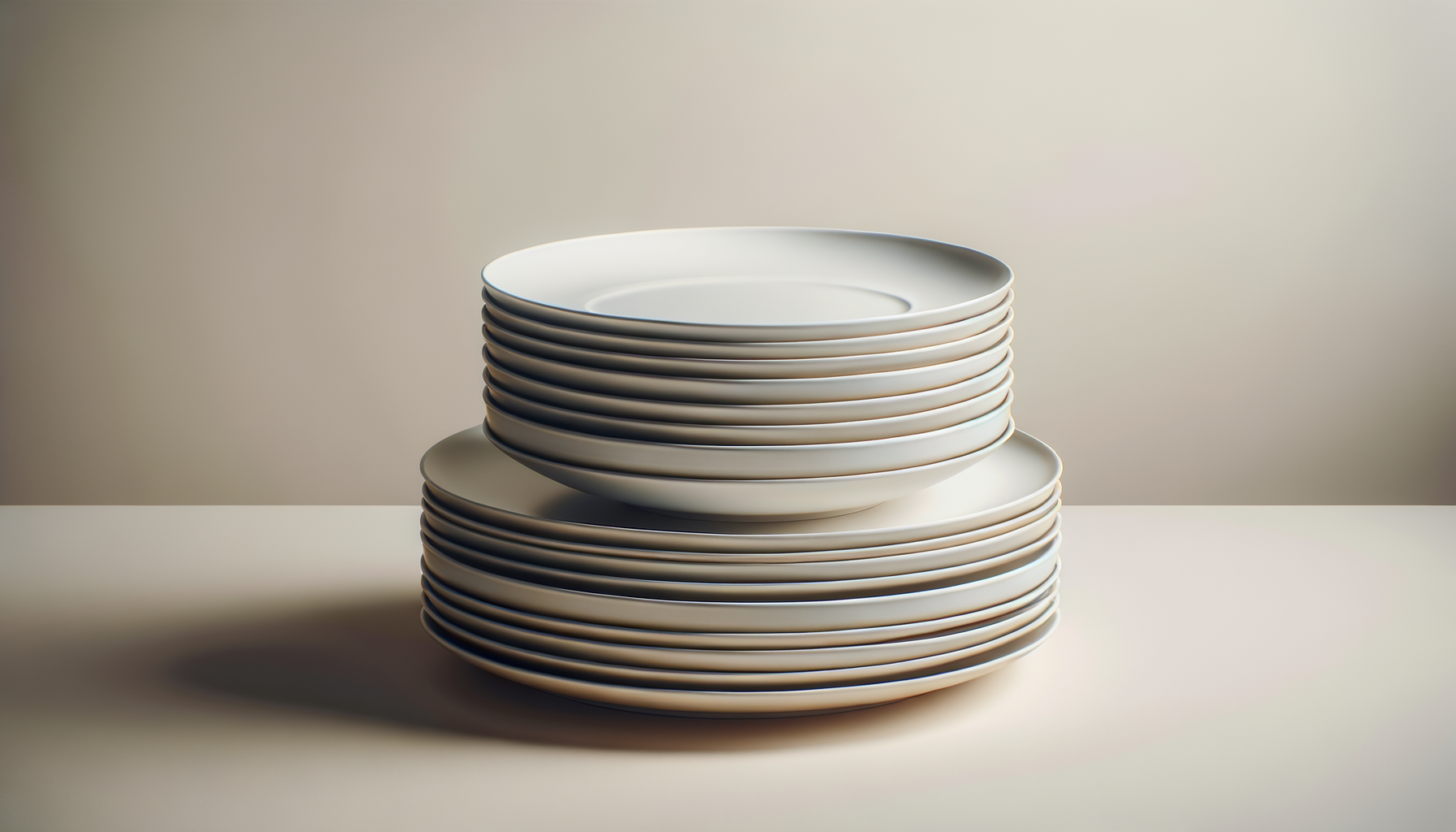 Juego de platos blancos apilados con sombra en una superficie clara.