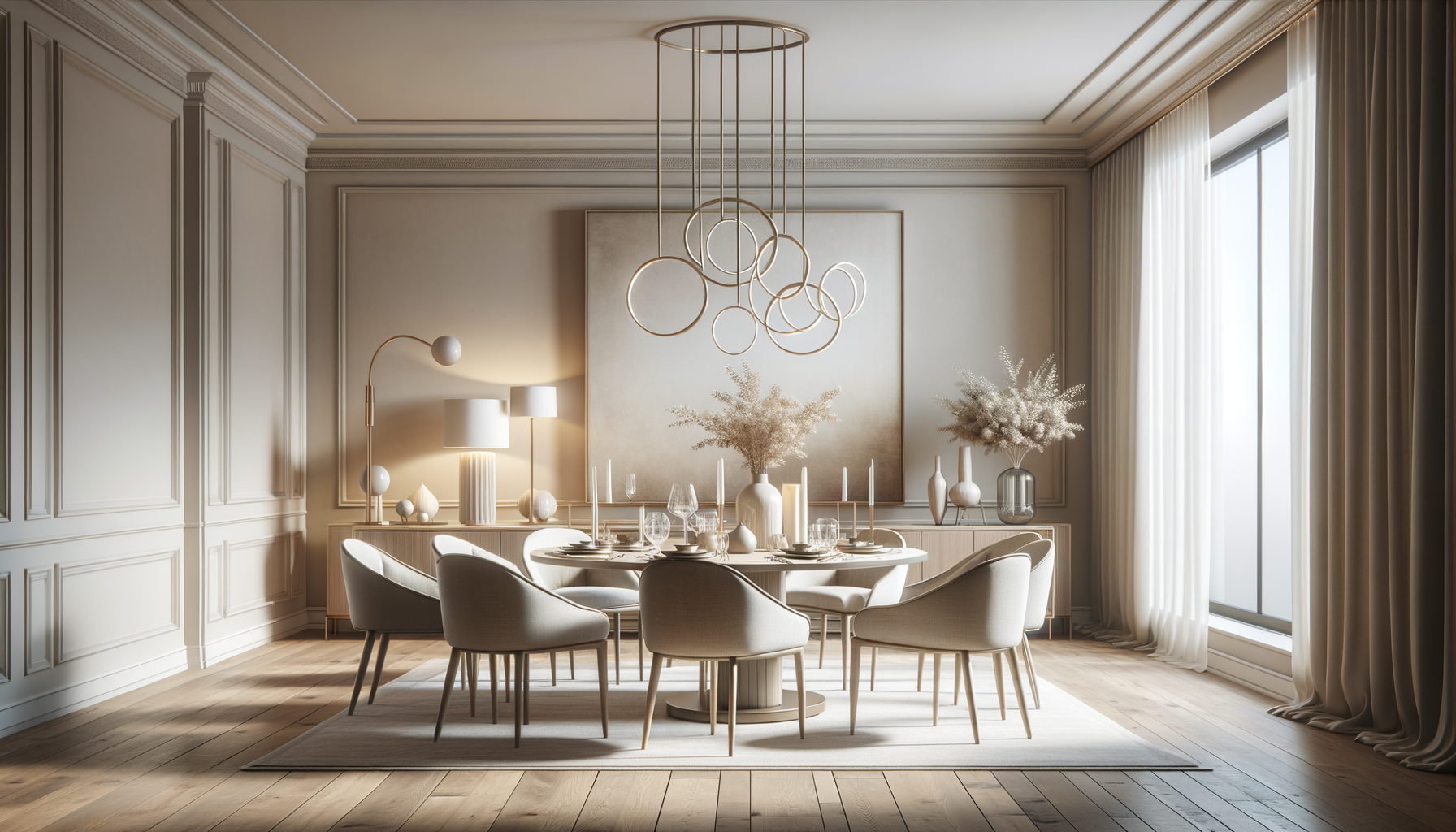 Sala de comedor elegante y minimalista con mesa redonda, diez sillas beige, y decoración en tonos claros. Incluye candelabro moderno de círculos, mesa con platos, vasos y velas, y jarrones con flores secas en un mueble largo. La habitación tiene paredes con molduras, cortinas beige, y una ventana grande que deja entrar luz natural.