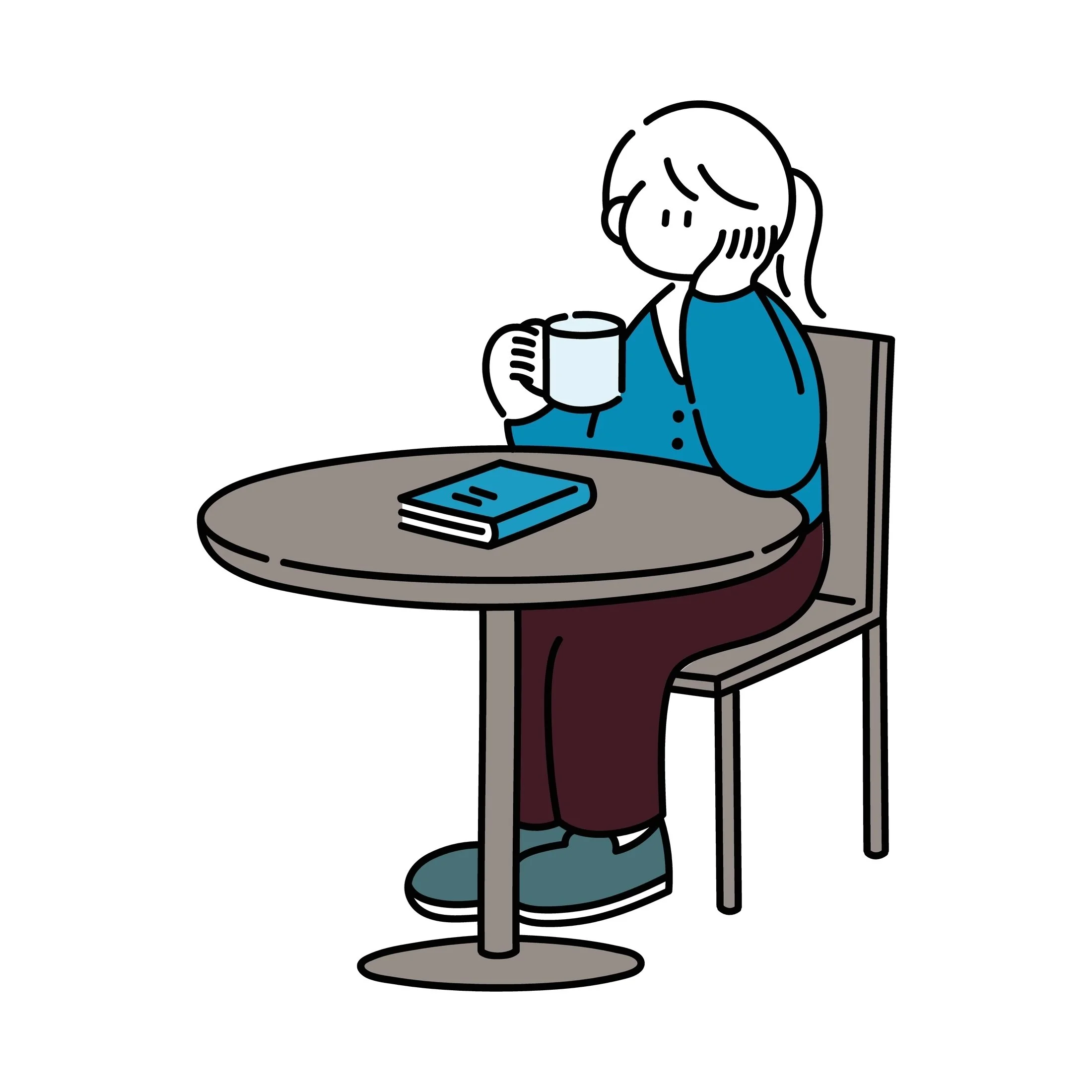 Illustration of a woman sitting at a round table, holding a mug, with a closed book on the table.