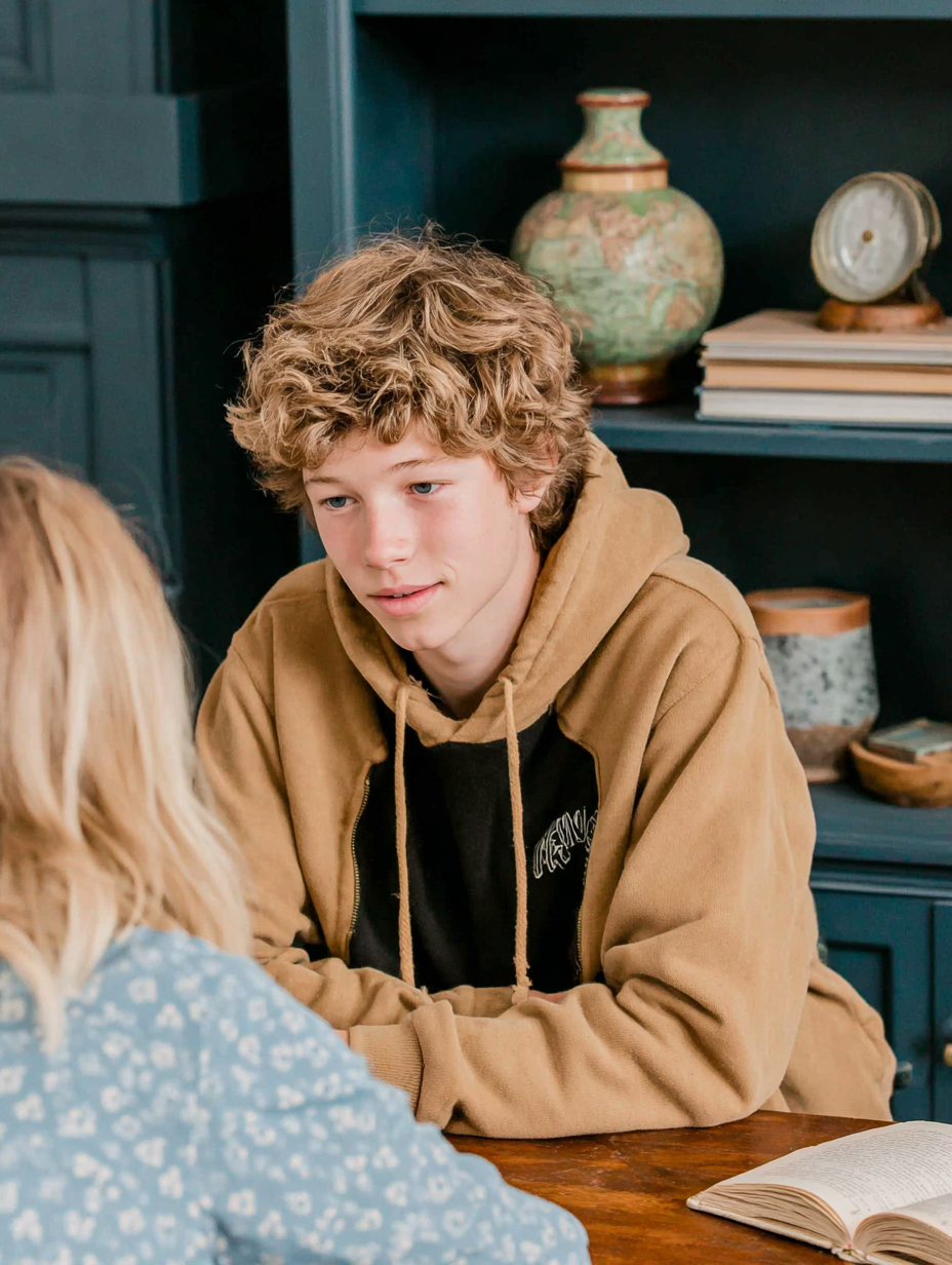 A teenage boy with curly blond hair sitting at a wooden table, talking to a girl with blond hair, with an open book in front of him inside a room with dark blue shelves and decorative vases.