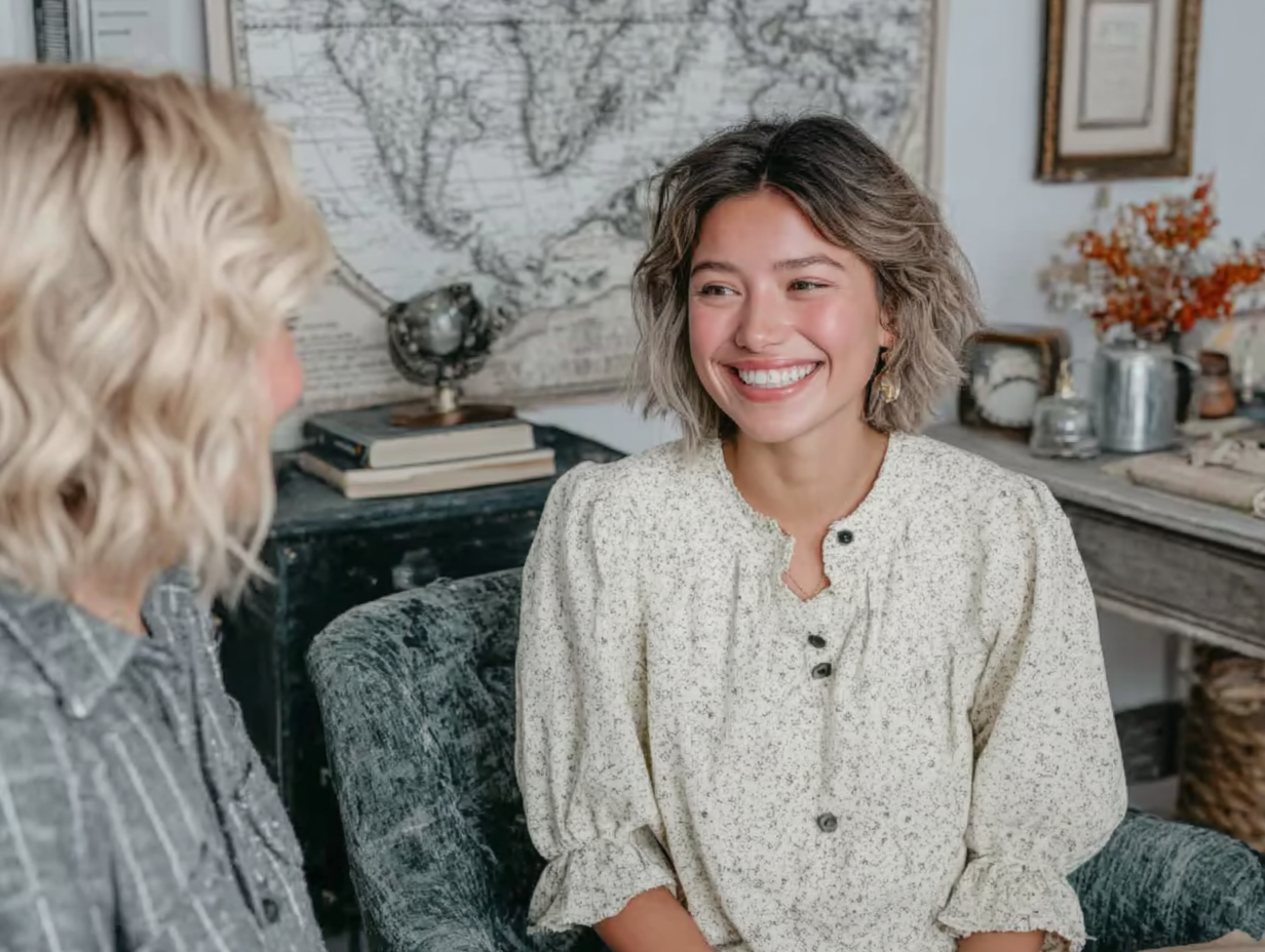 Two women sitting and talking in a cozy, decorated room, smiling at each other.