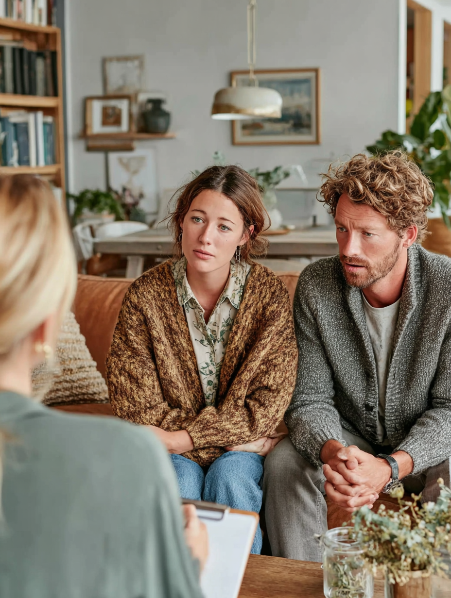 A woman and a man sitting on a couch having a serious conversation with another person who is taking notes. The scene appears to be in a cozy living room or therapy office.