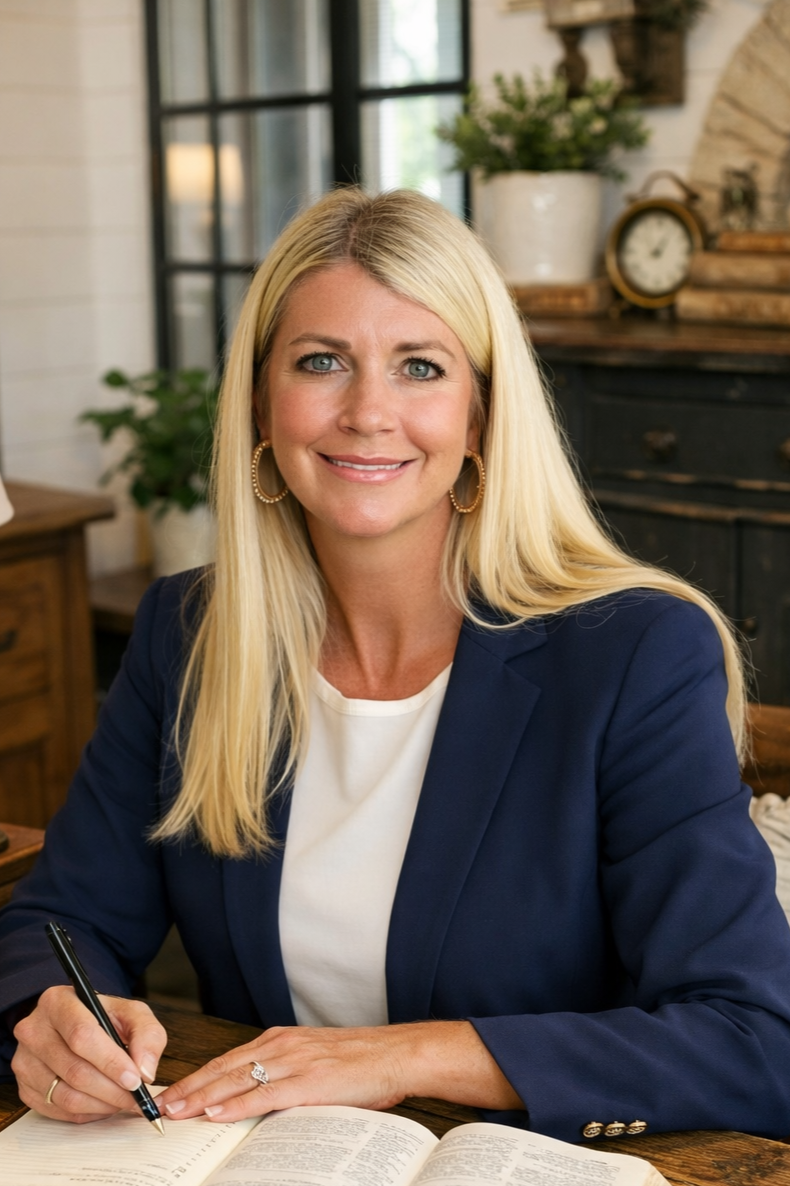 A blonde woman in a navy blazer and white top sitting at a wooden table with a pen in hand, smiling, in a cozy, well-decorated room with a window, plants, and decorative items in the background.