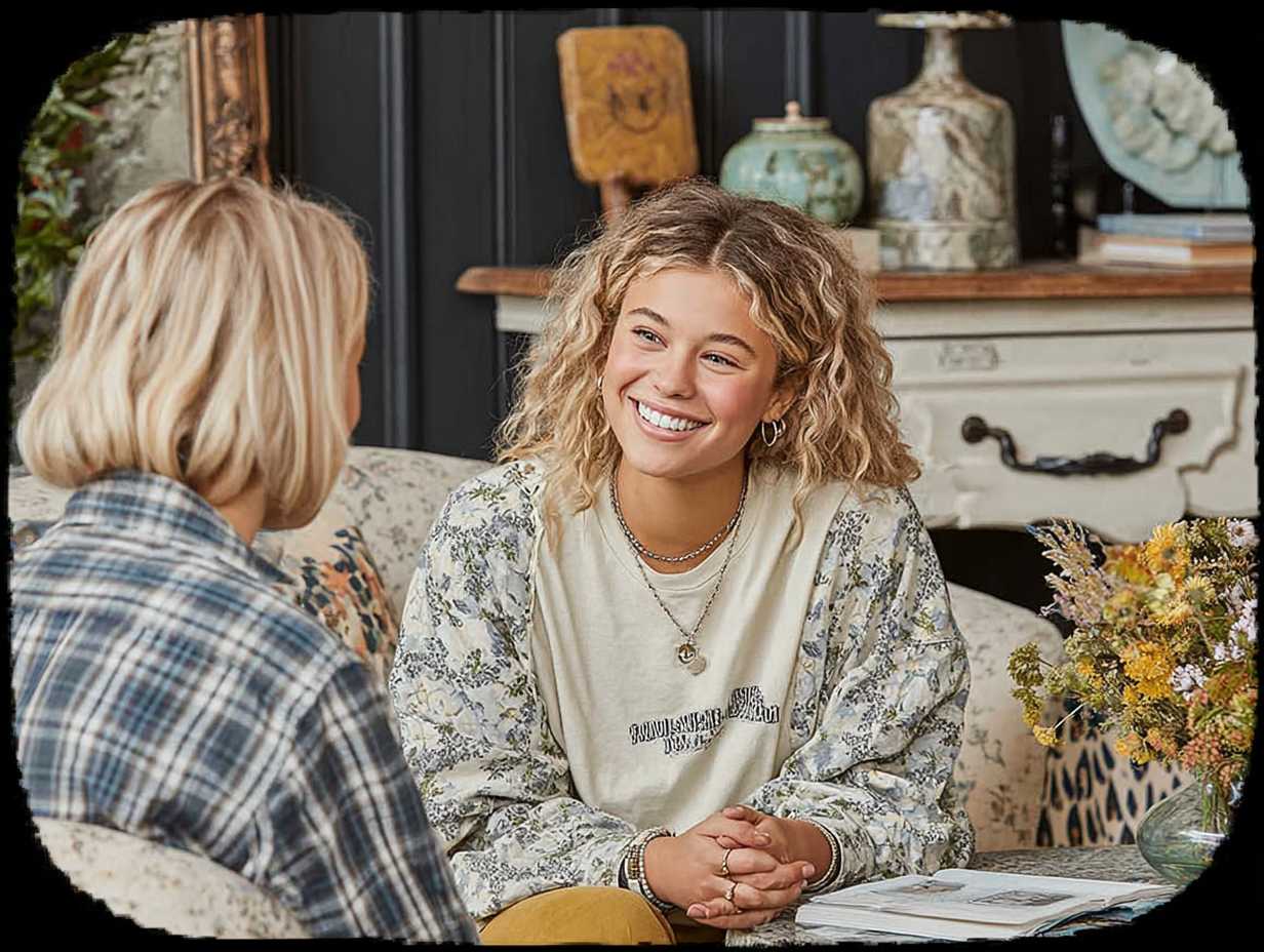 Two women sitting at a table, engaging in conversation. The woman in the foreground has curly blond hair, is smiling, and is wearing layered necklaces, earrings, a patterned shirt underneath a beige sweatshirt. There are flowers in a vase and a magazine on the table. The background features decorative jars, a framed piece of art, and a black wood-paneled wall.