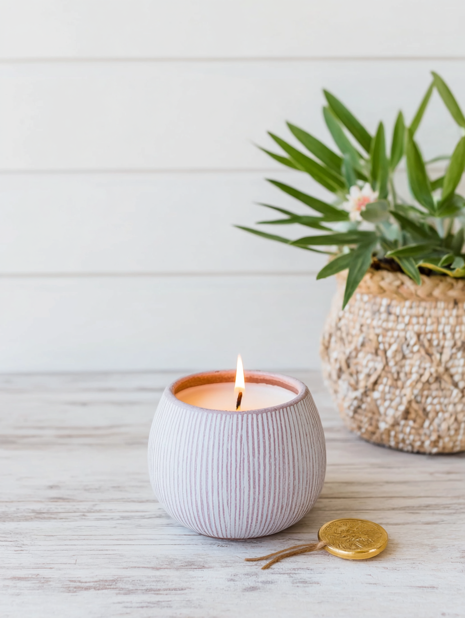 A lit candle in a round, striped ceramic holder, a potted plant with green leaves in a woven basket, and a gold coin with a string on a white wooden surface.