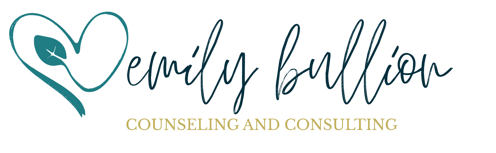 logo of a teal heart with a leaf and a cross and the words emily bullion counseling and consultingin a script