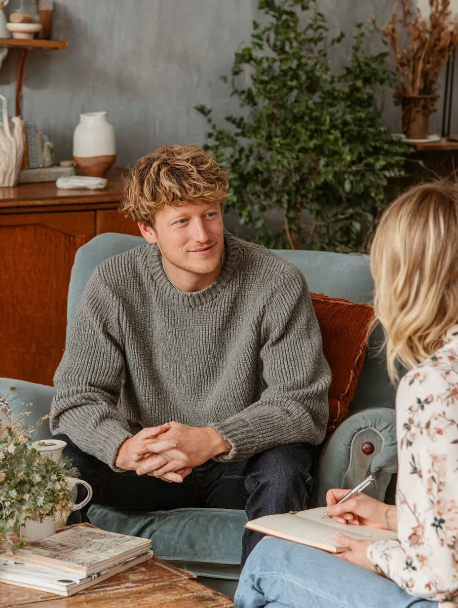 A young man with curly blond hair wearing a gray sweater, sitting on a light green couch, conversing with a woman who is taking notes in a notebook. The setting is a cozy living room with plants, books, and decorative items.