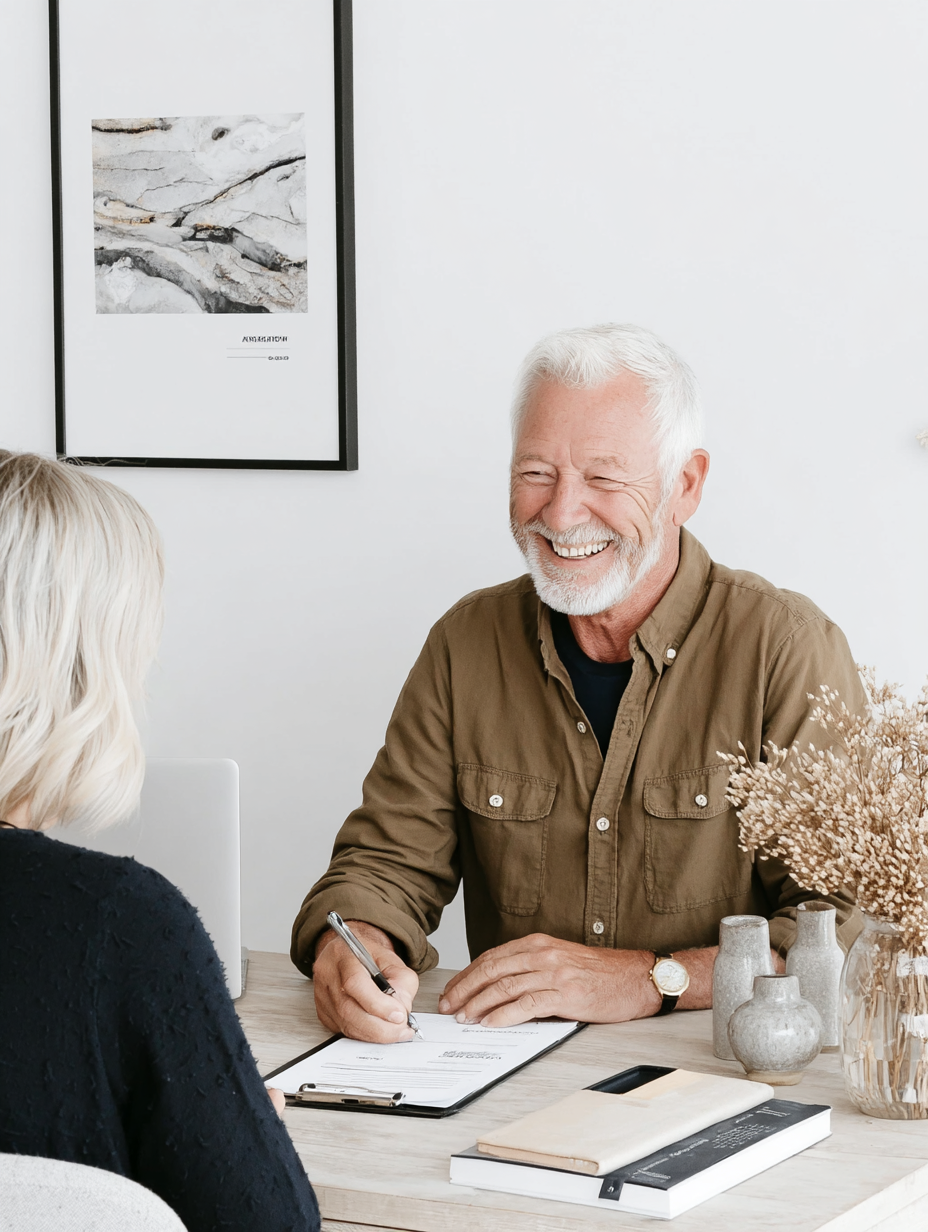 An older man with white hair and beard smiling while signing a document at a consultation or meeting with a woman with blonde hair, in a modern, light-colored office.