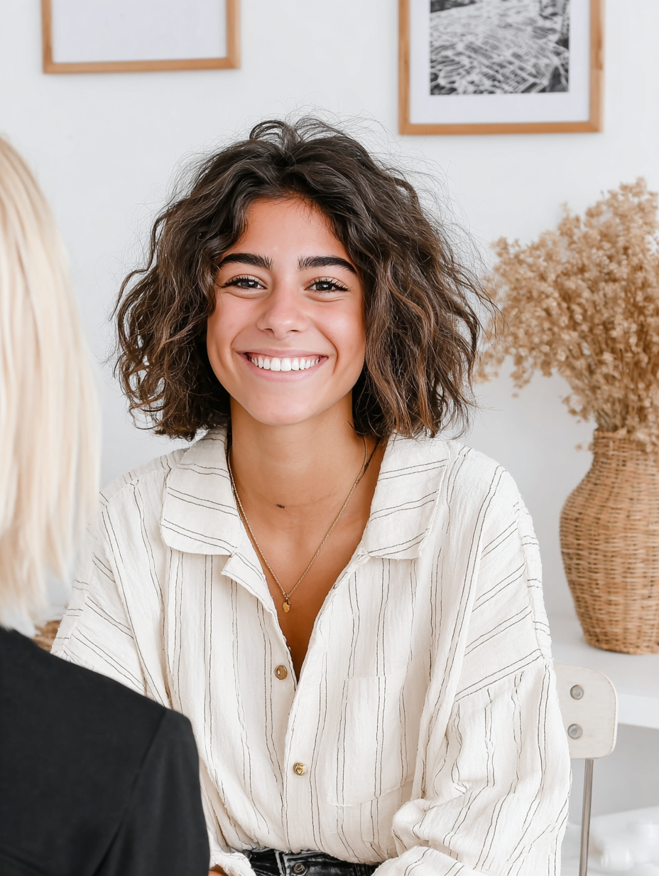 A young woman with curly brown hair and a bright smile sitting indoors, wearing a cream-colored striped button-up shirt. In the background, there are framed black-and-white photos on the wall and a large woven vase with dried flowers.
