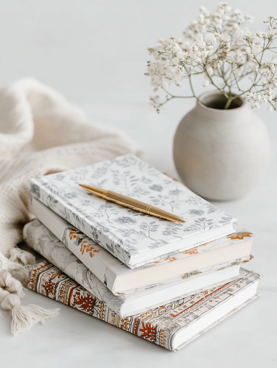 Stack of notebooks with floral covers and a gold pen, a white vase with white flowers, and a cozy knit blanket on a white surface.