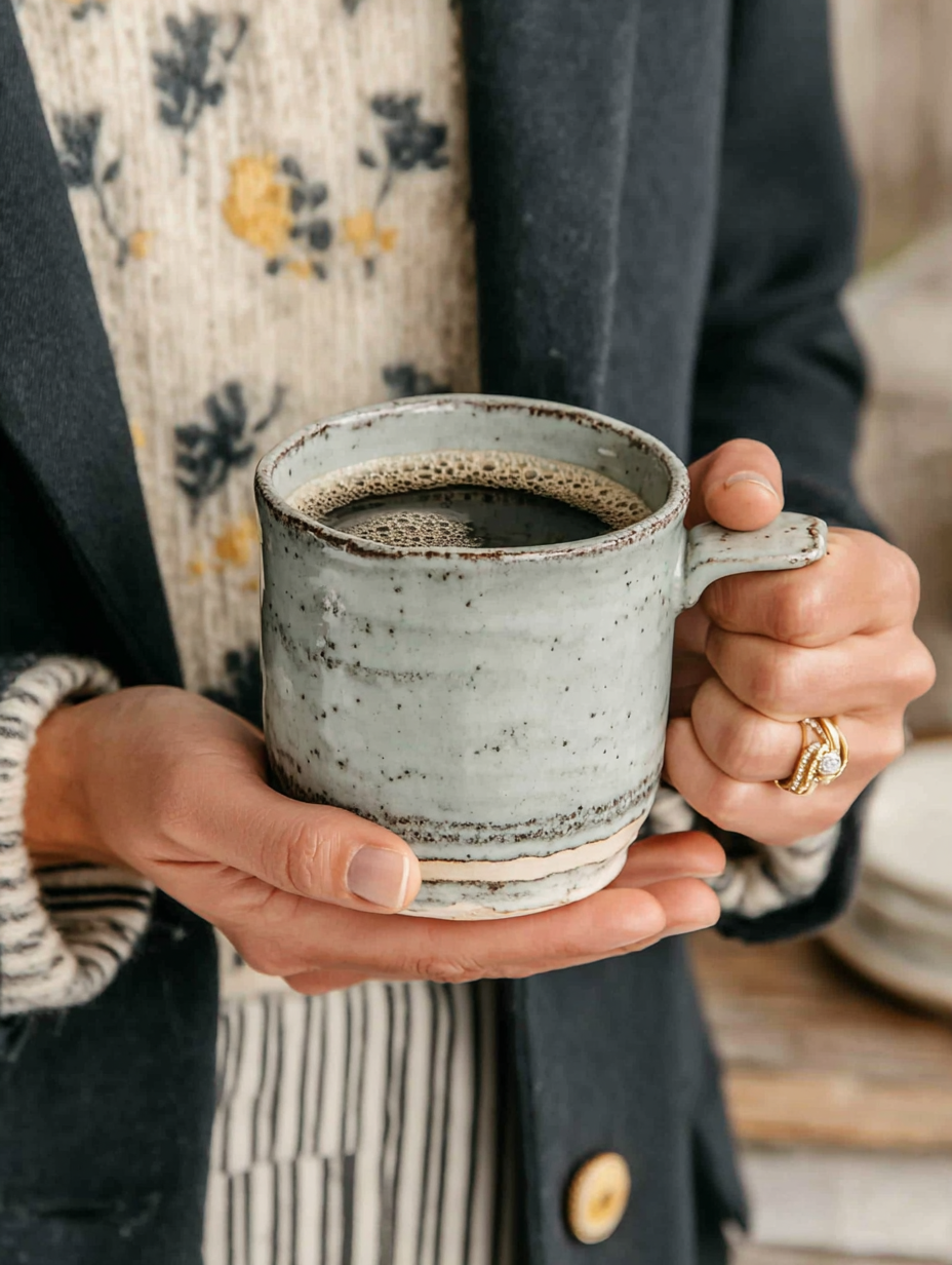 Person holding a ceramic mug filled with black coffee while wearing a wedding ring and layered clothing.