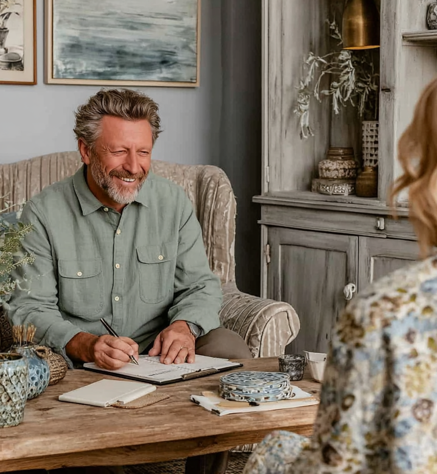 A man with salt-and-pepper hair and beard, smiling, sitting on a beige armchair at a wooden table, writing in a notebook, with a woman with blonde hair, wearing a patterned blouse, partially visible, sitting across from him. The background features decorative paintings and wooden shelves with various decorative items.