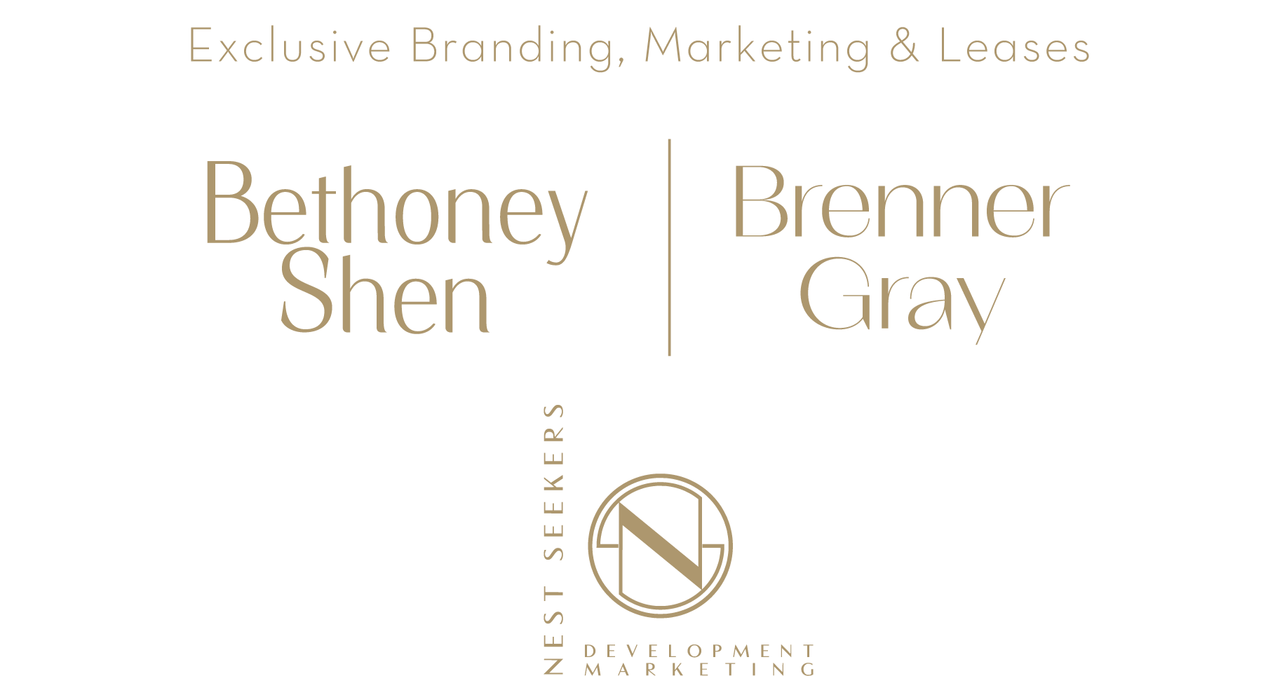 Text graphic with phrases 'Exclusive Branding, Marketing & Leases', listing offices Bethoney, Shen, Brenner Gray, and a central logo with 'NEST SF'. Additional words include 'Development' and 'Marketing'.