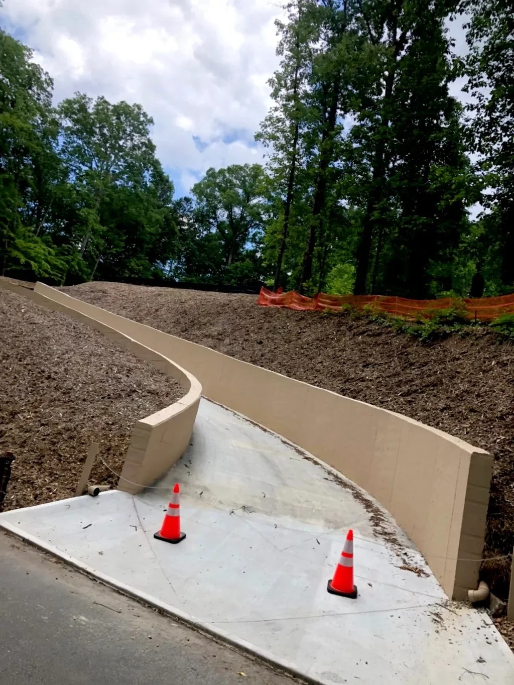 A completed, long, smoothly curved concrete sidewalk path winding through a residential wooded yard with trees and ground cover, showing established wooden forms still partially in place on the far side