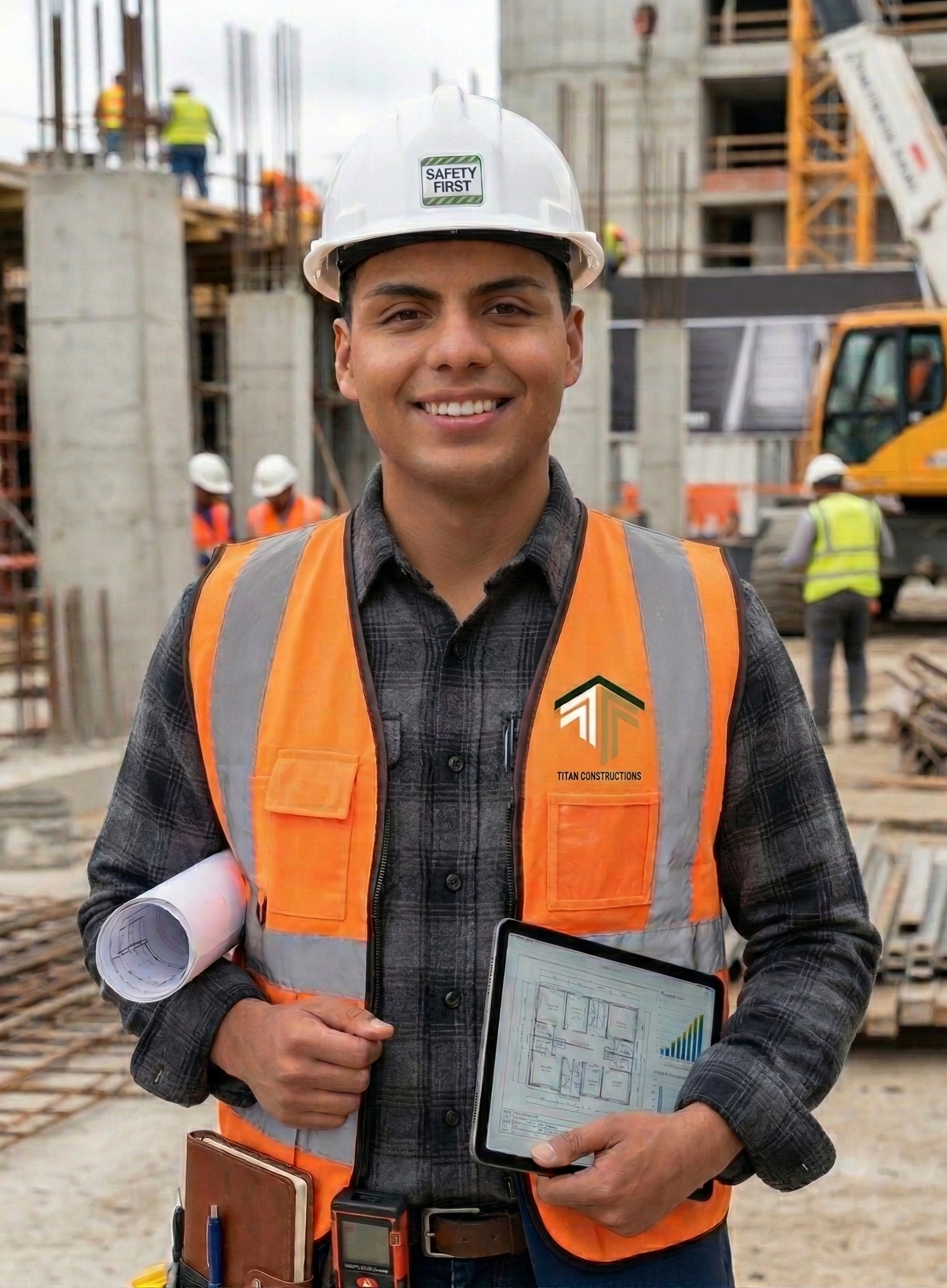 A smiling Project Manager in a hard hat and orange safety vest holding a tablet with architecture plans on a construction site.