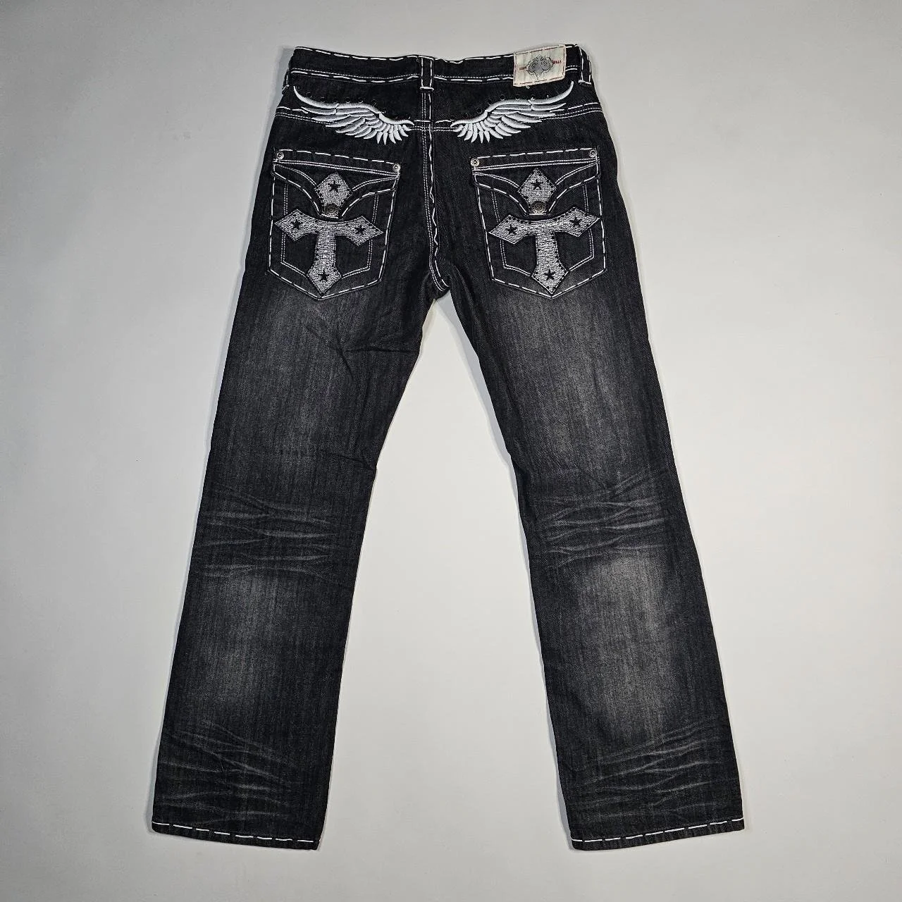 american vintage angel wings and cross constrast stitch baggy denim jeans