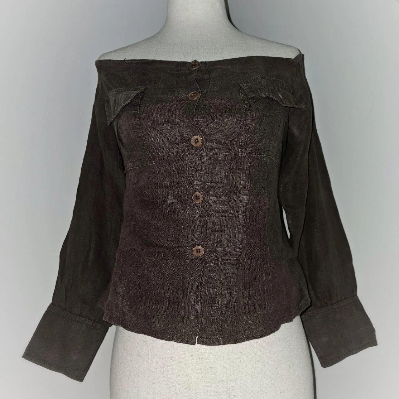 italian vintage off shoulder brown linen button top