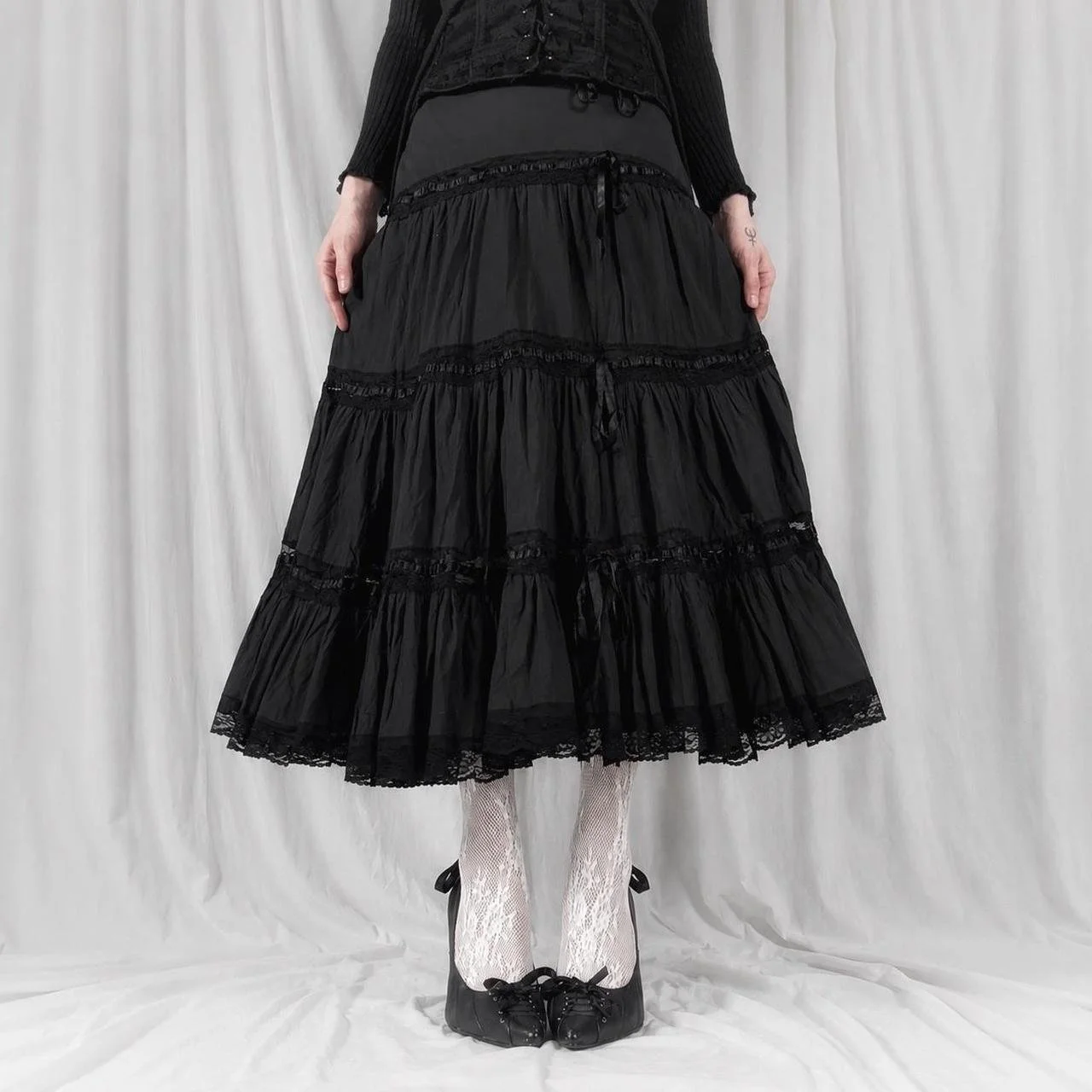 french vintage ribbon tiered black gothic prairie skirt