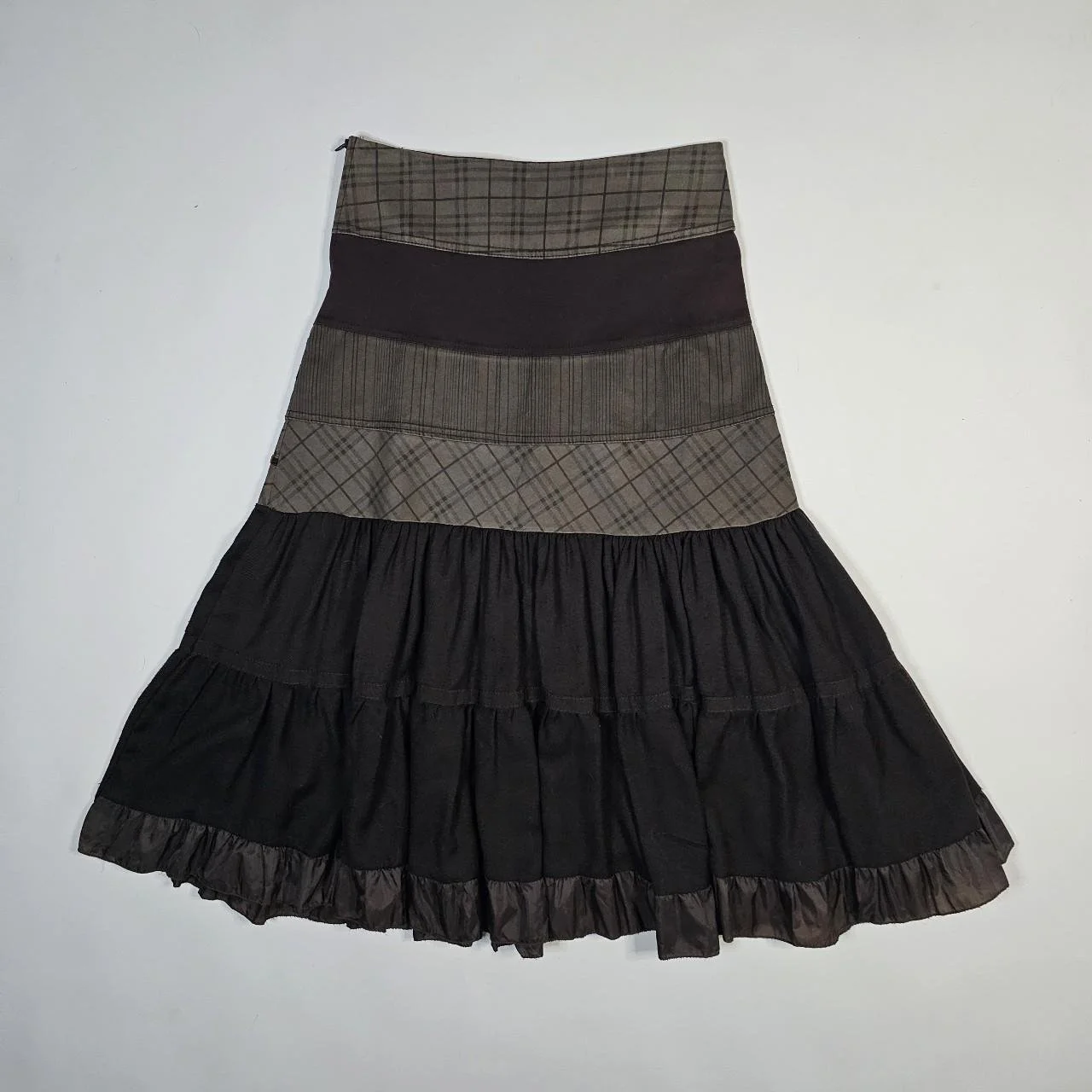 vintage brown patchwork tiered maxi skirt