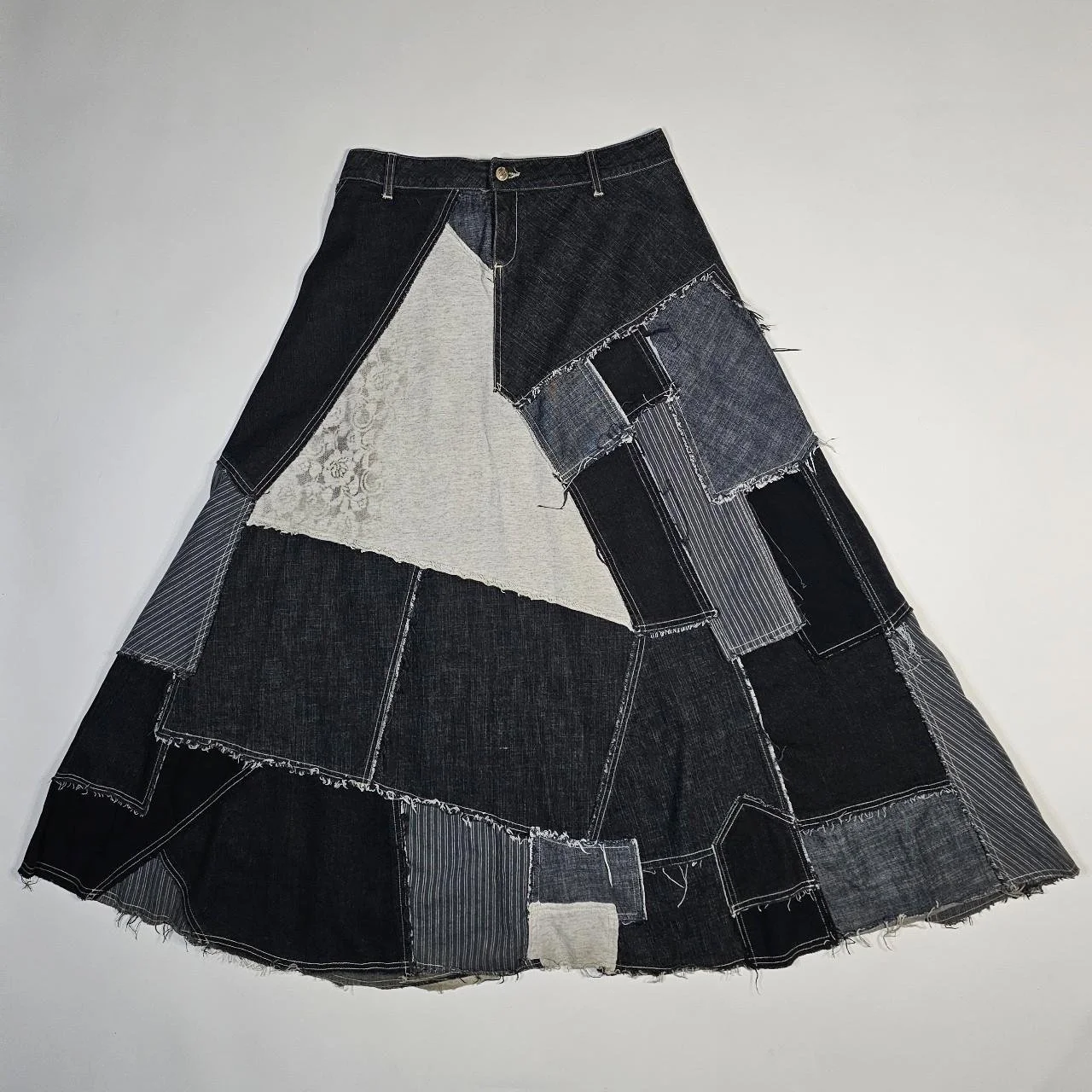 italian vintage maxi patchwork skirt with floral, pinstripe, and denim