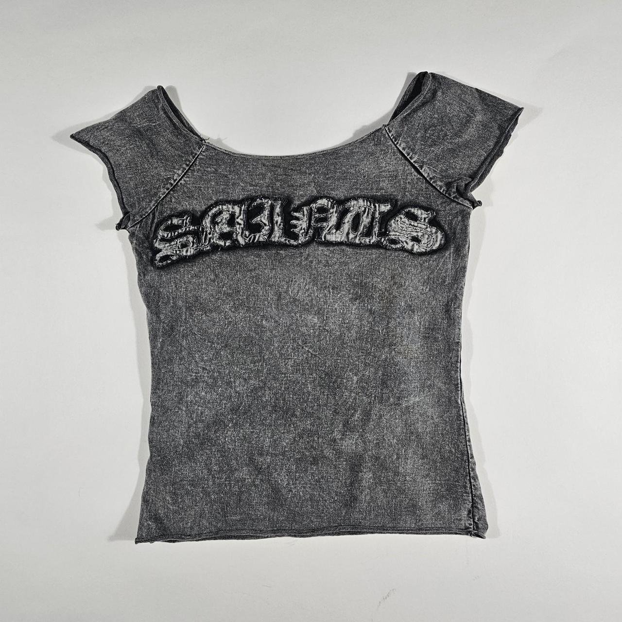 vintage allsaints "SAINT" cross distressed grey off shoulder top