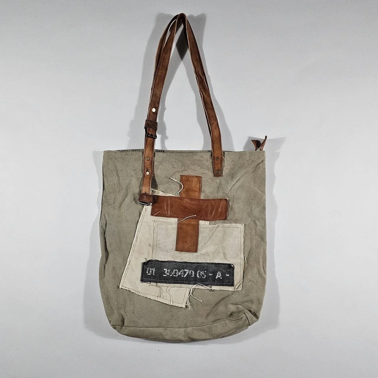 vintage medic cross distressed patchwork khaki beige tote bag