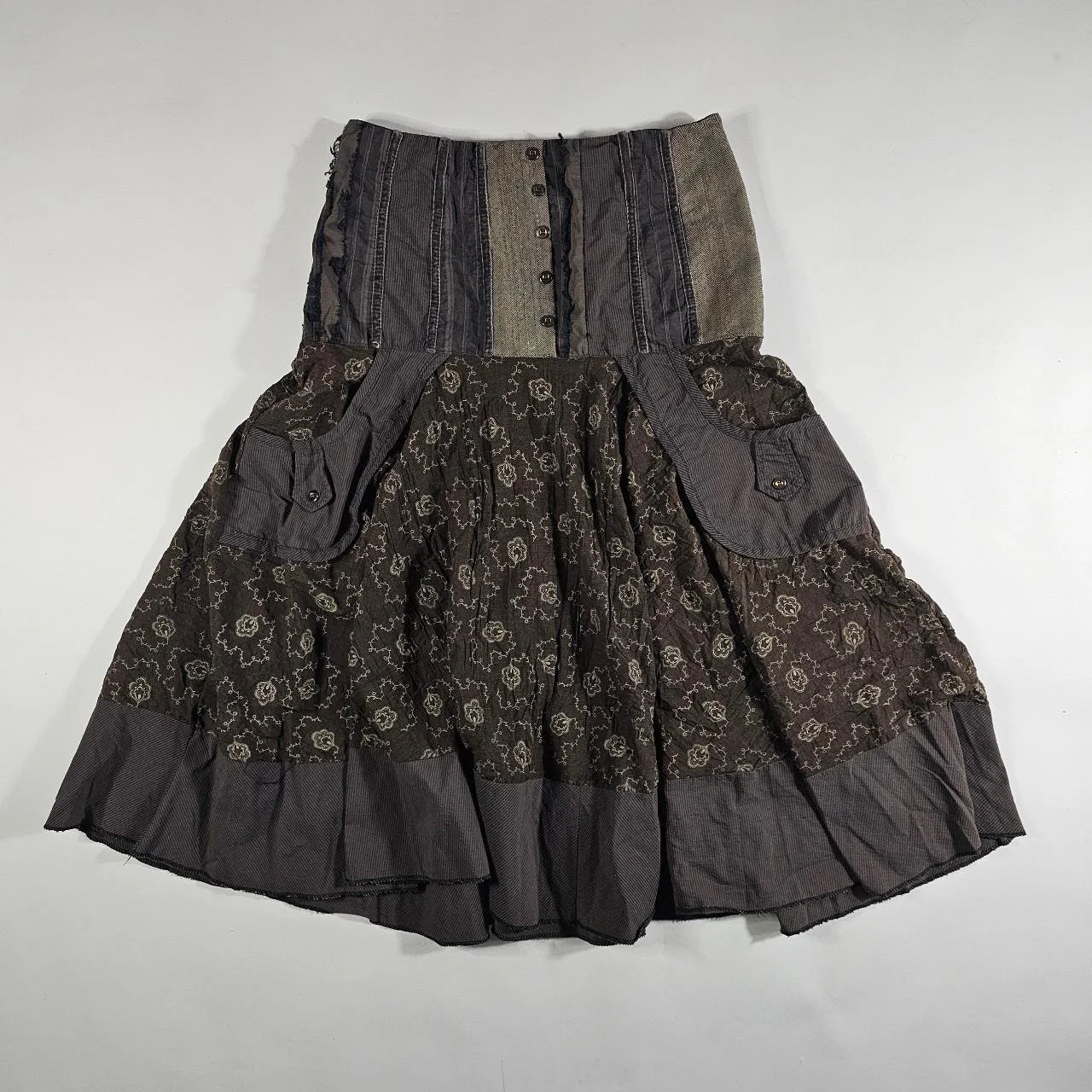 french vintage button cottage priarie mult pattern maxi skirt