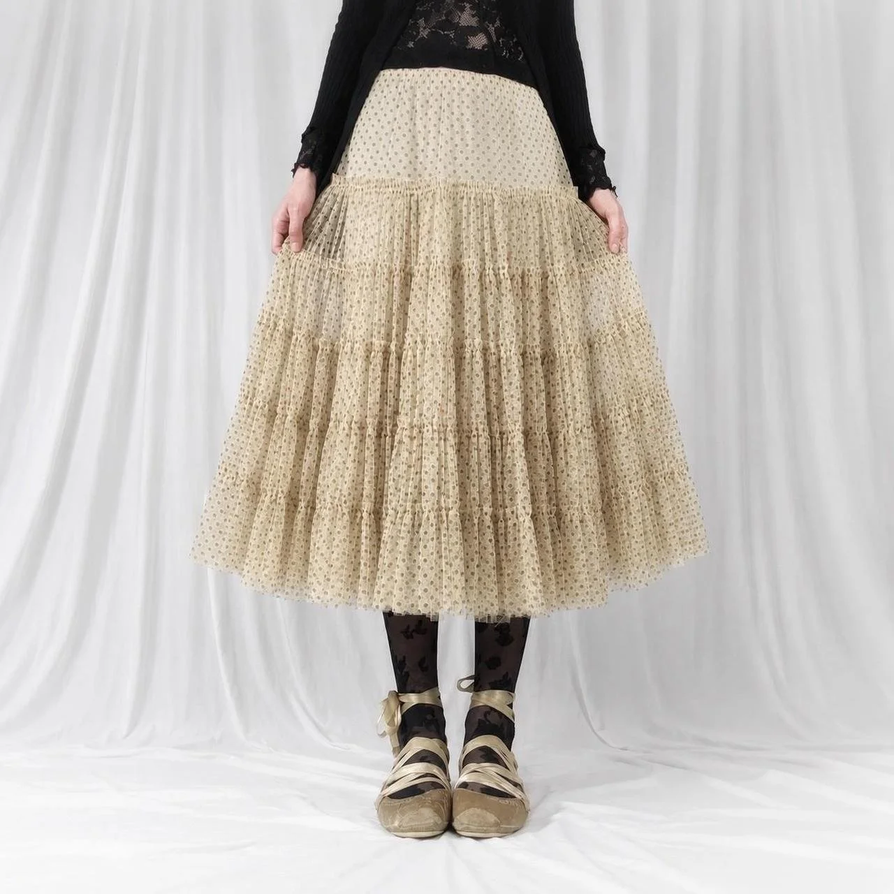 french vintage polka dot cream mesh tiered skirt