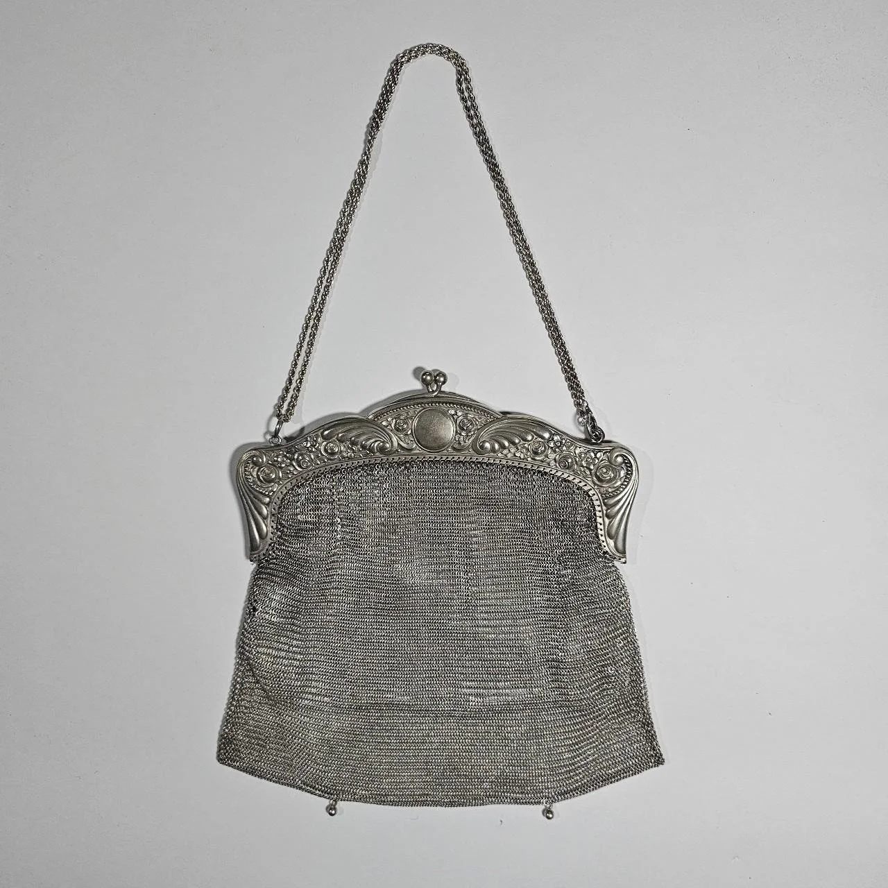 antique angel wing engraved chainmail mesh bag