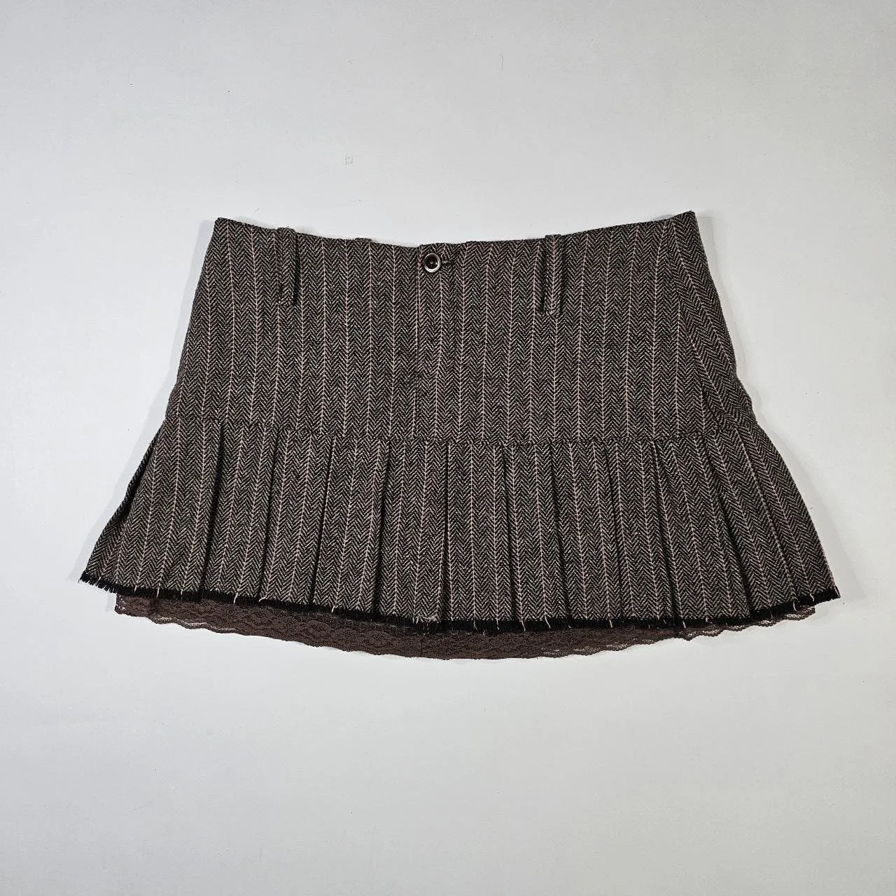 vintage pinstriped pleated tweed mini skirt with lace hem