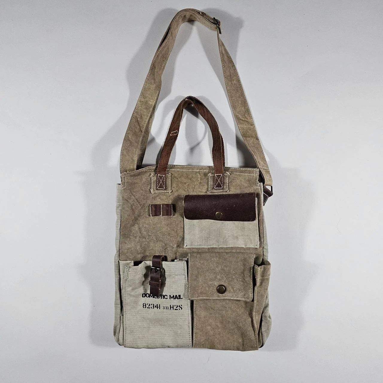 vintage cargo leather and canvas domestic mail tote bag