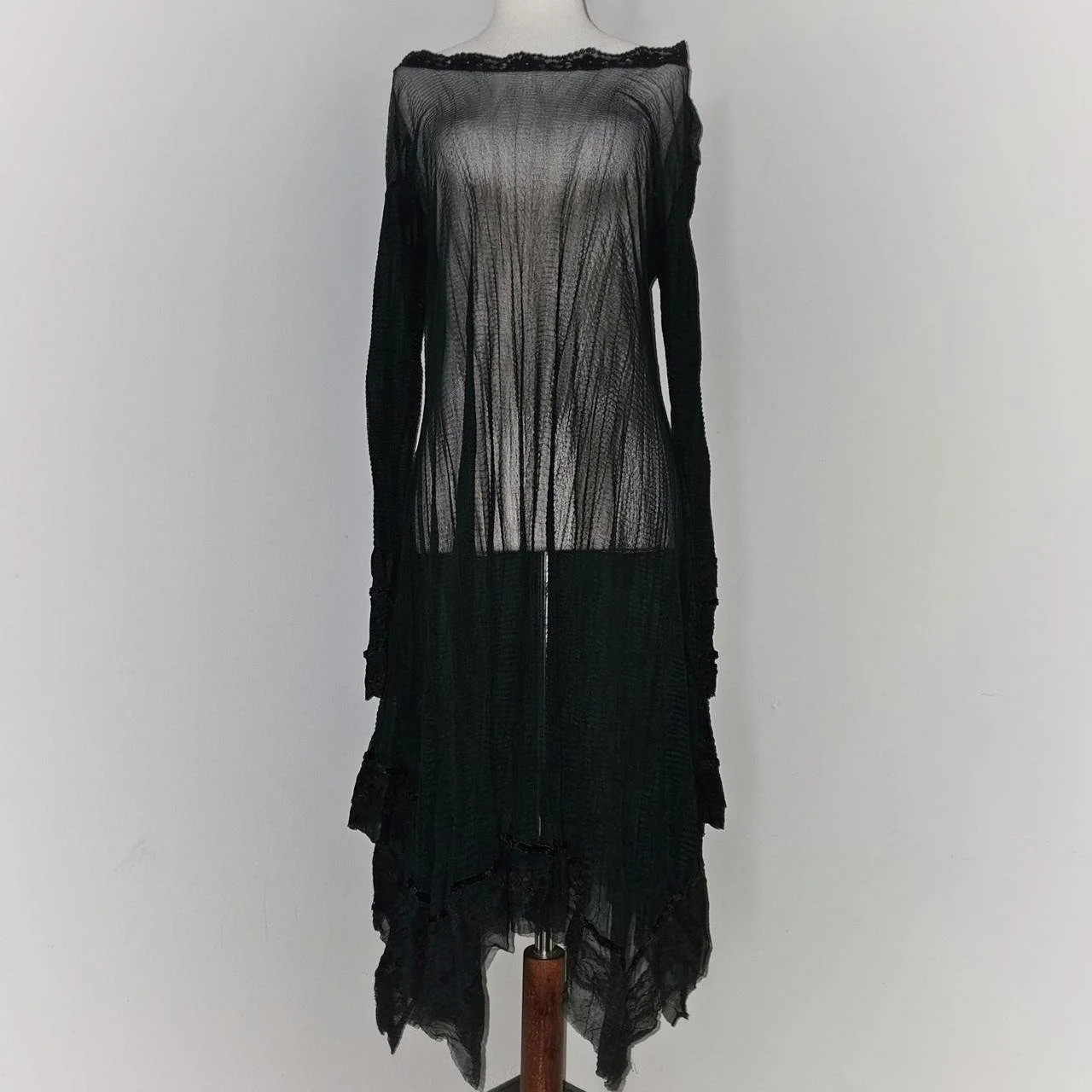 french vintage off shoulder lace trim asymmetrical mesh dress