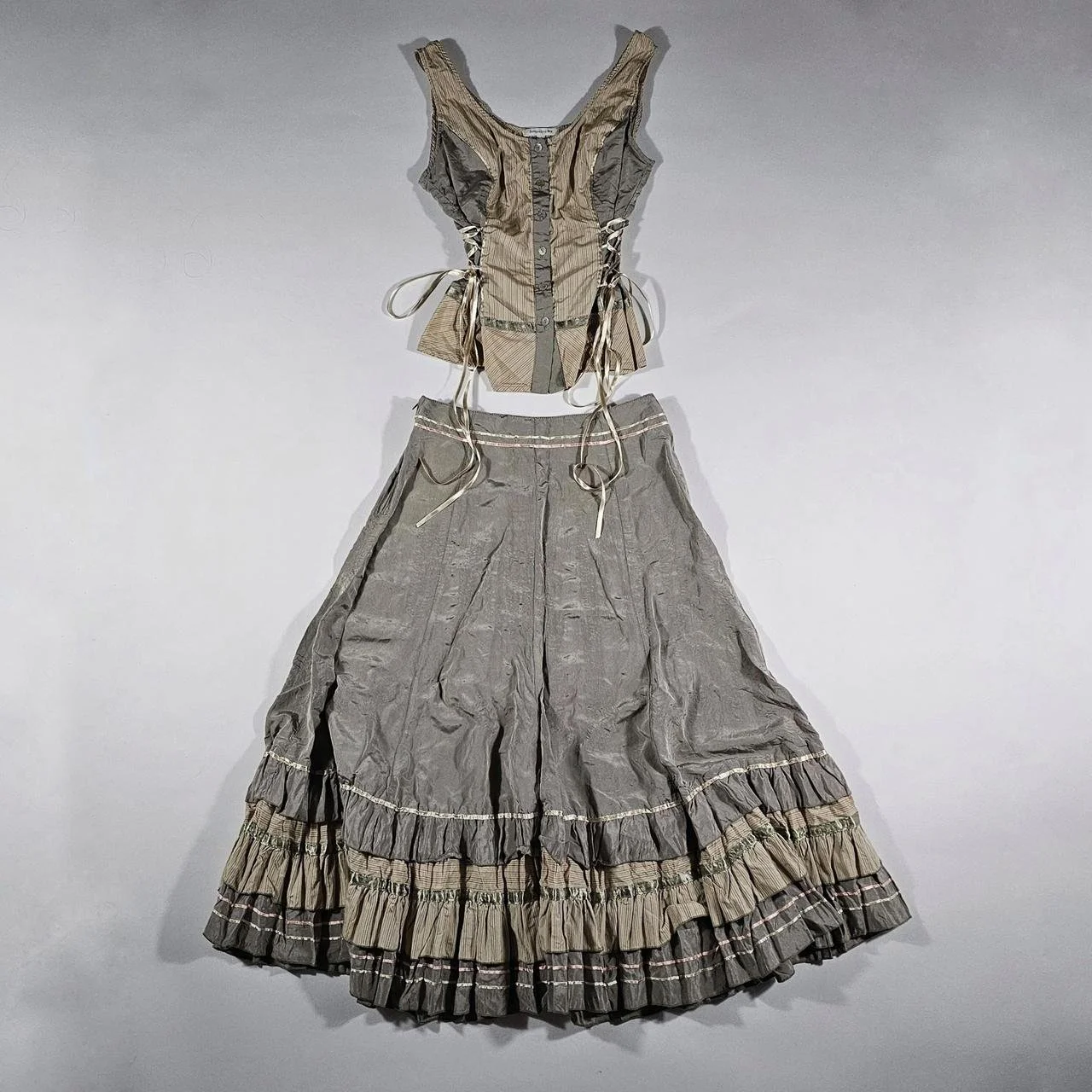 french vintage matching corset lace up button top and tiered prairie skirt set