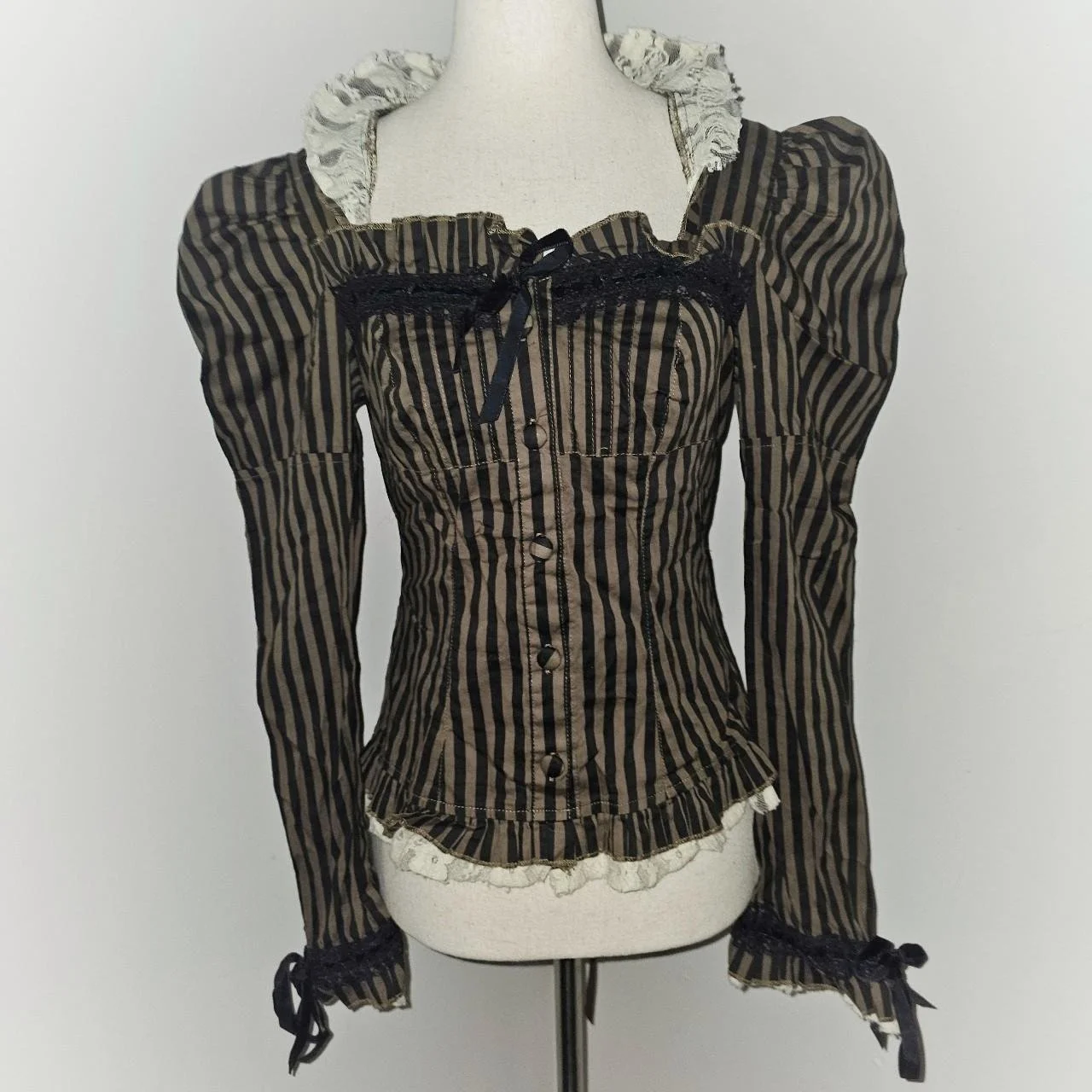vintage spin doctor pinstripe milkmaid bustier top with lace up back