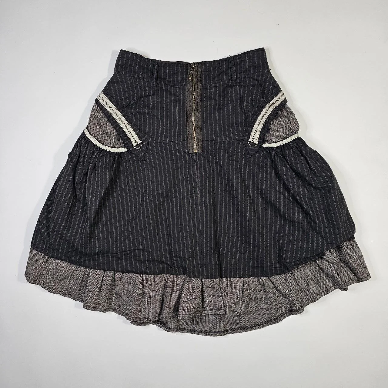 french vintage pinstripe cargo midi skirt with ruffled hems