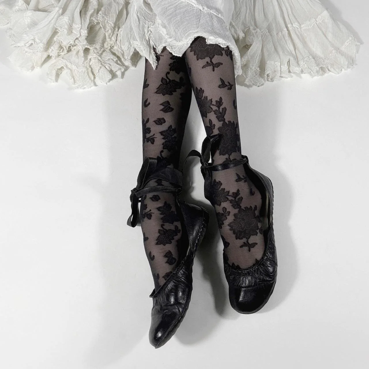 french vintage black ruched leather ballet lace up flats