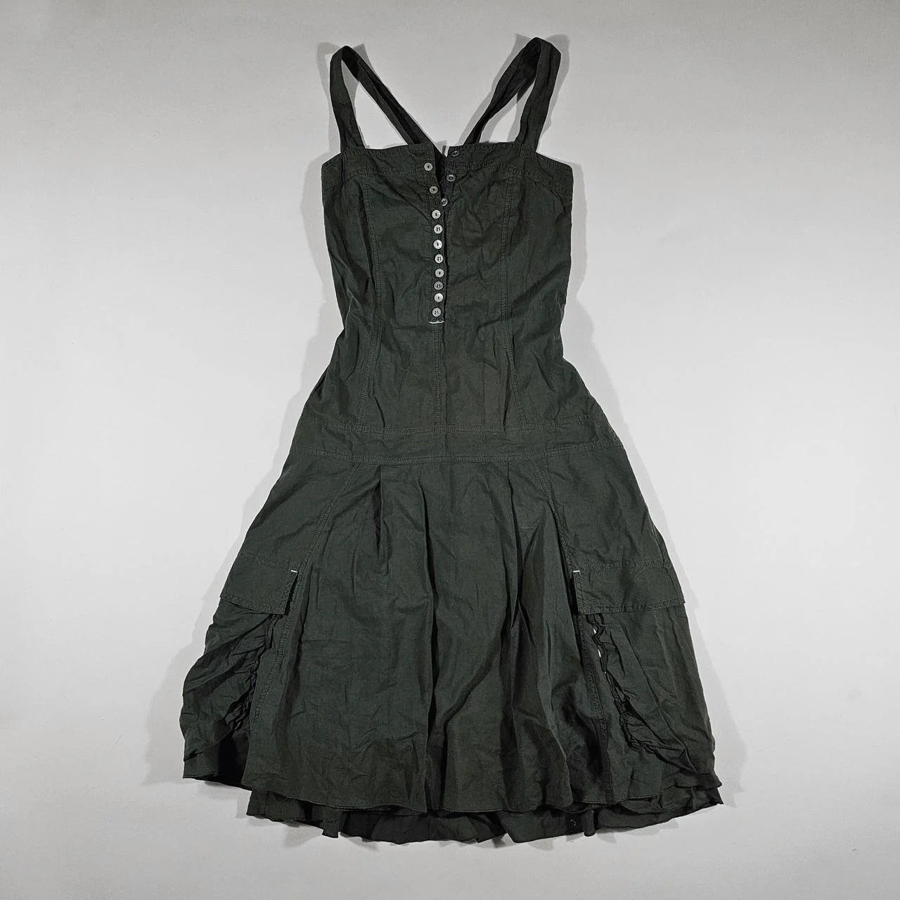french vintage olive green cargo midi dress with mother of pearl buttons