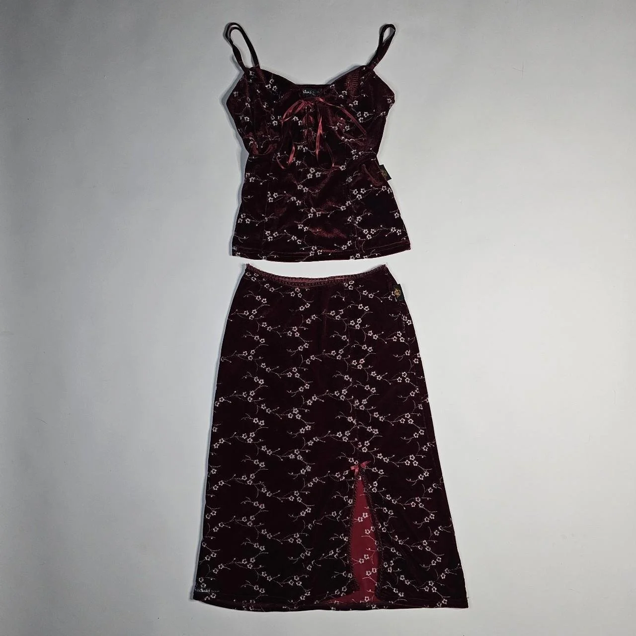 french vintage velvet floral matching cami and skirt set